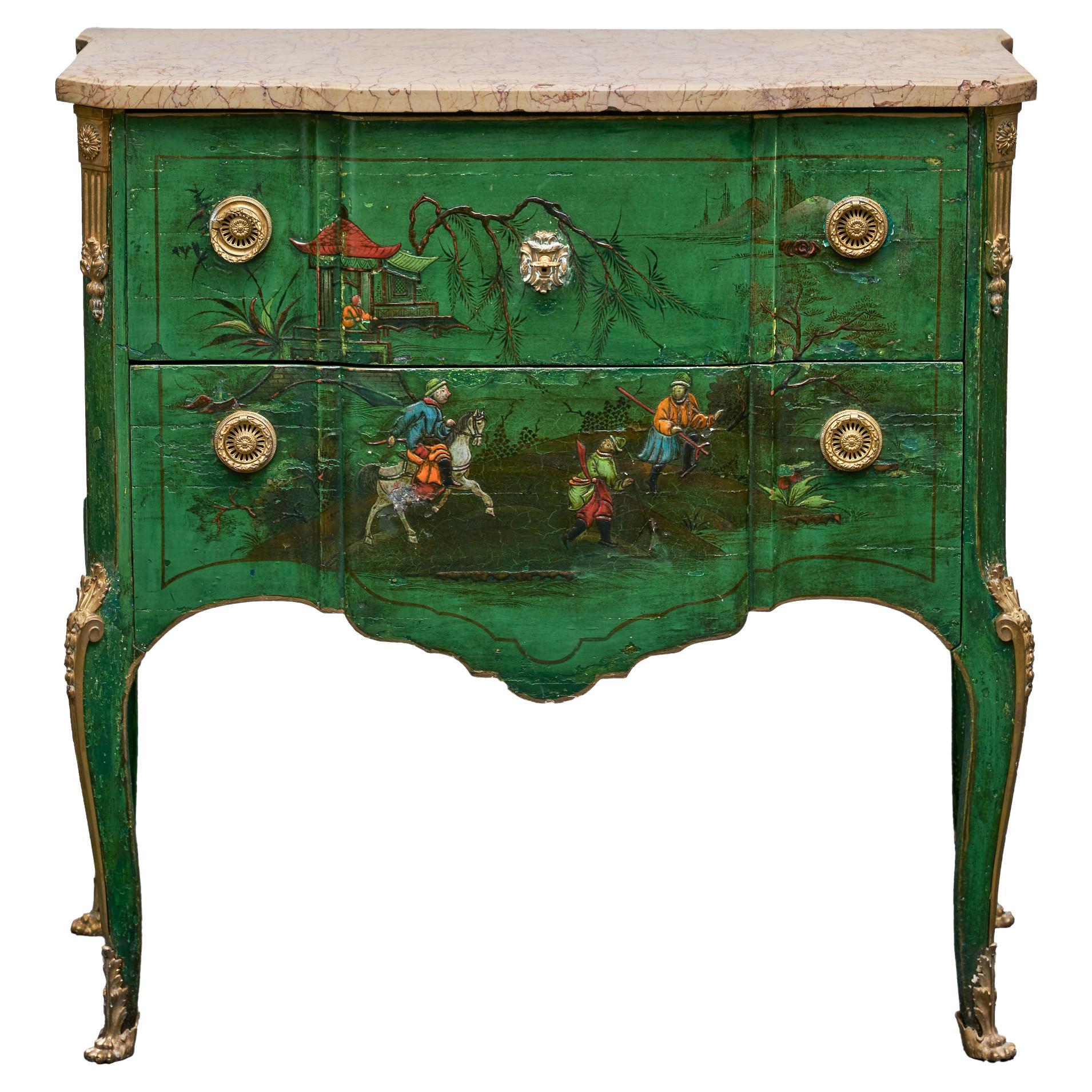 19th Century Green Chinoiserie Commode with Marble Top