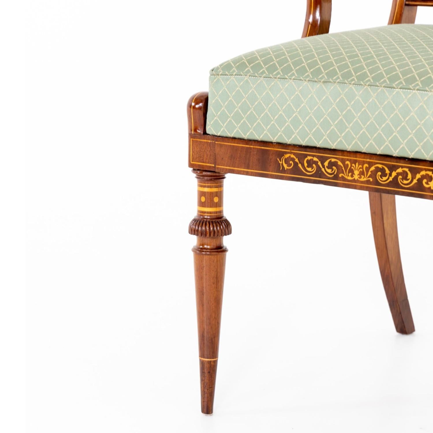 19th Century Green German Antique Biedermeier Mahogany, Maplewood Armchair For Sale 6
