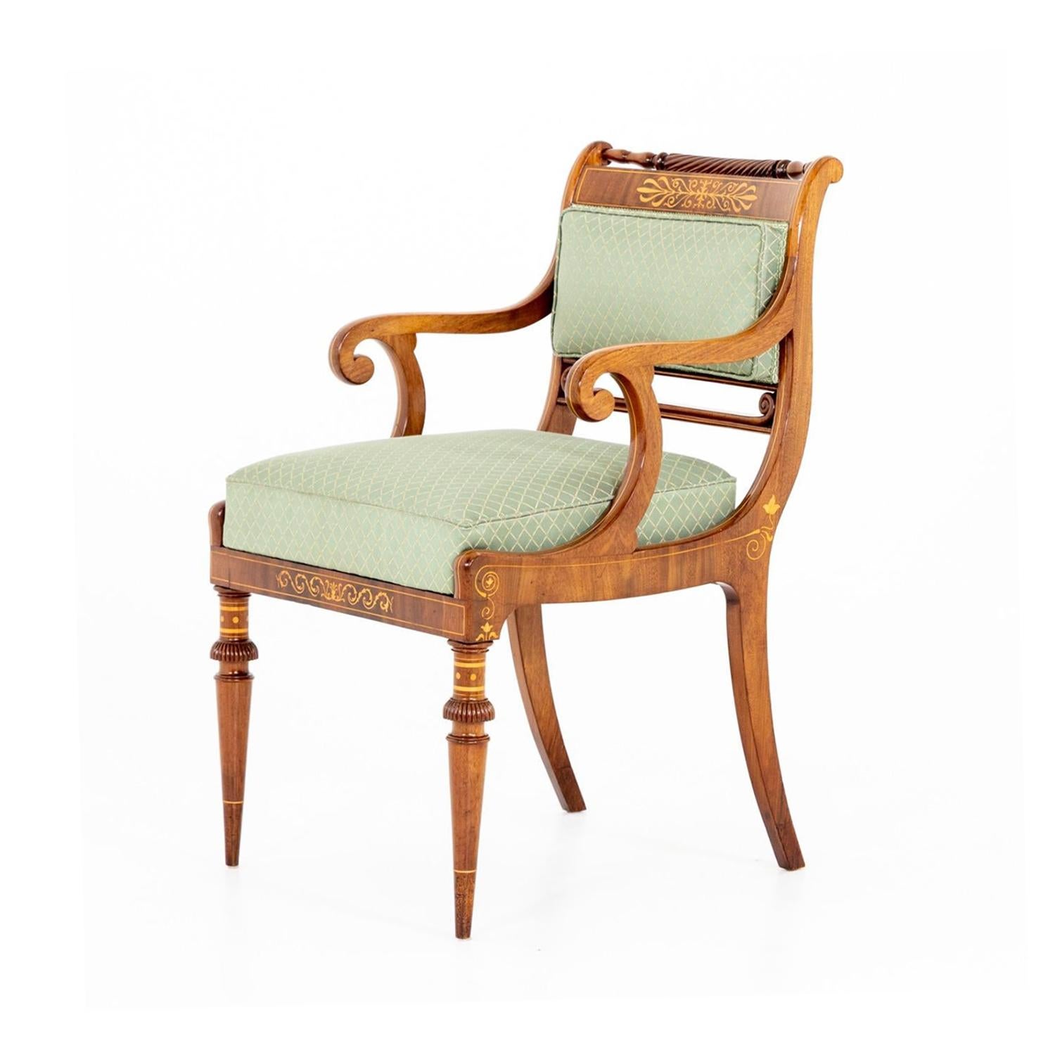 19th Century Green German Antique Biedermeier Mahogany, Maplewood Armchair In Good Condition For Sale In West Palm Beach, FL