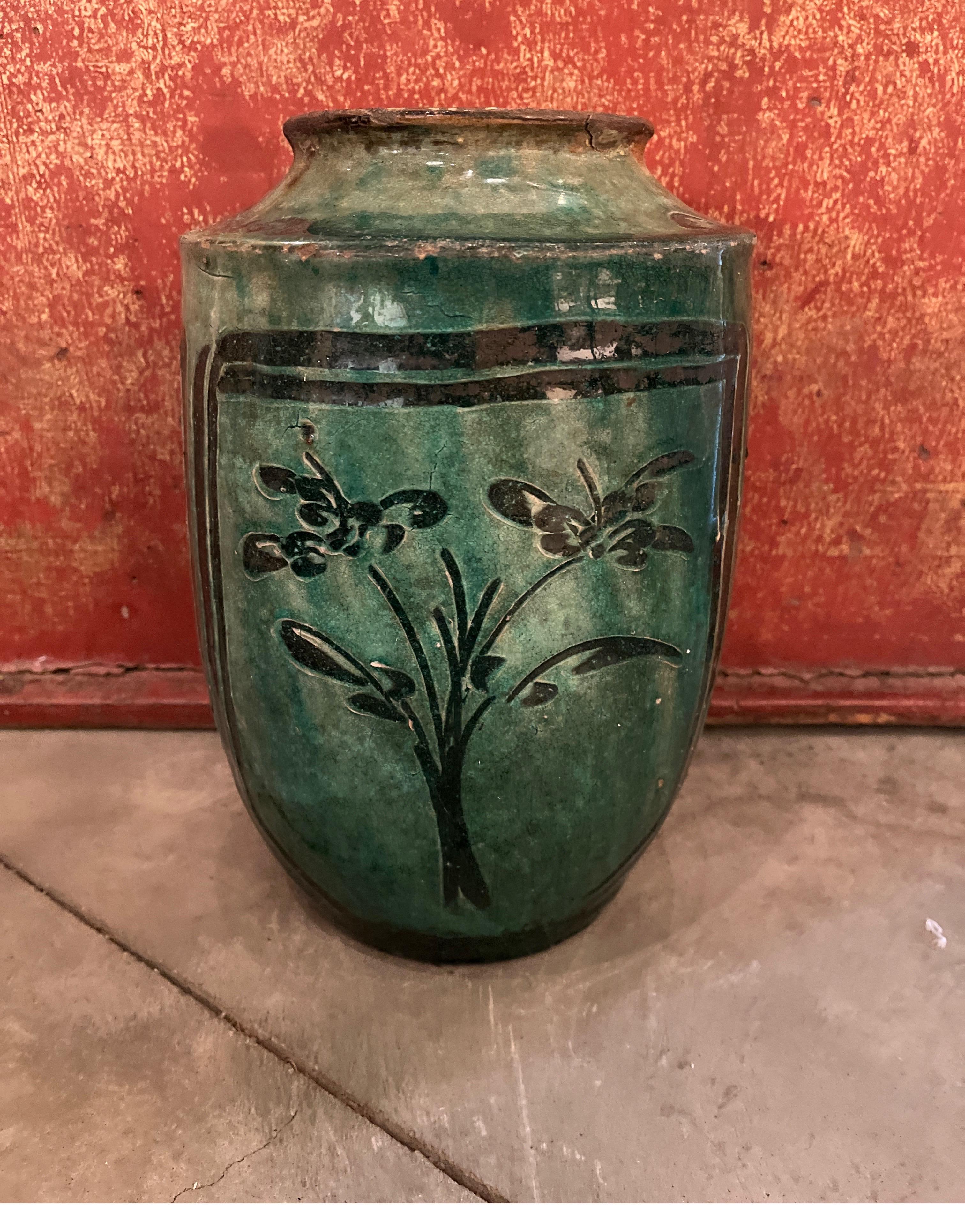 19th Century Green Glazed Food Jar with Hand Painted Floral Images For Sale 5