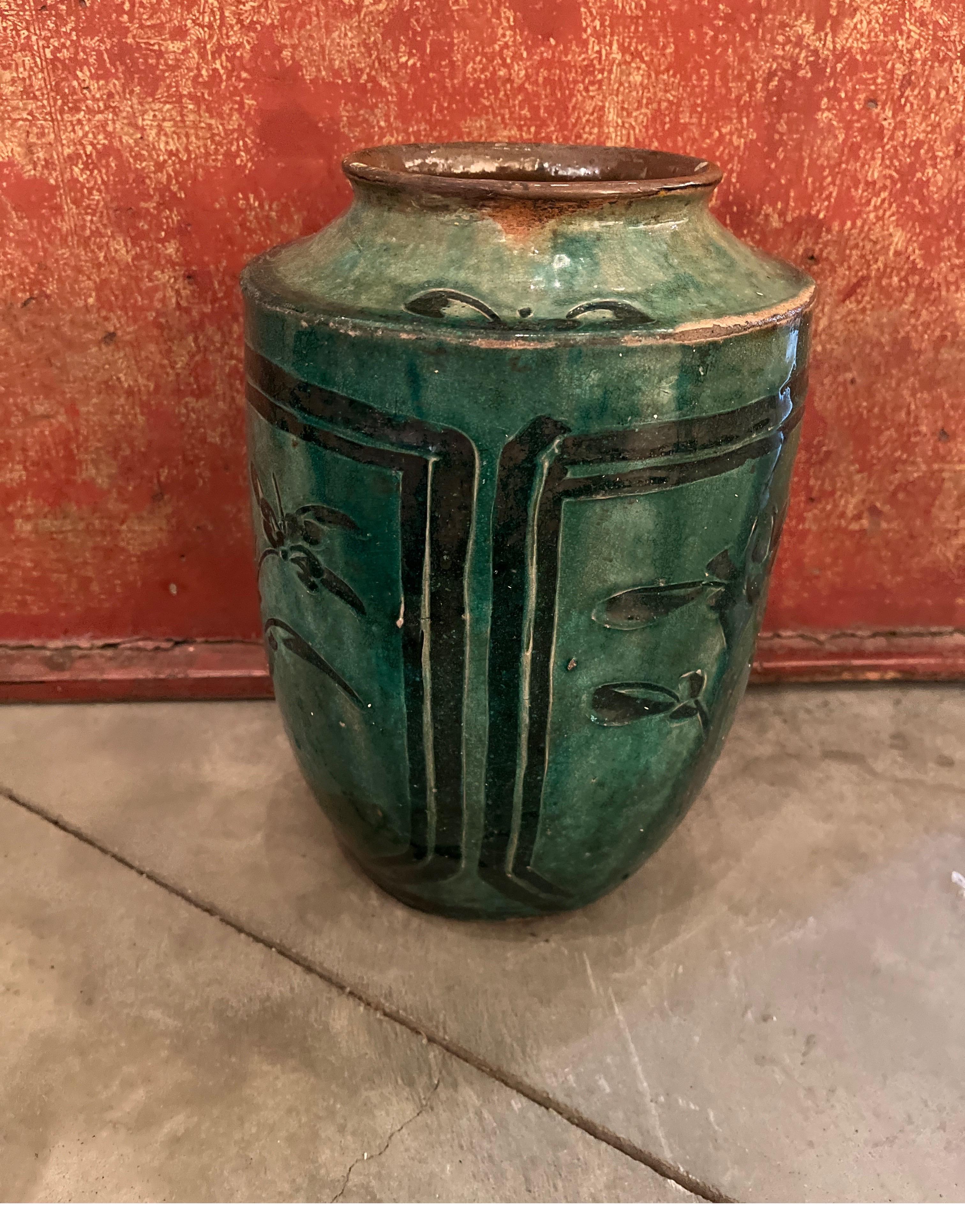19th Century Green Glazed Food Jar with Hand Painted Floral Images For Sale 6