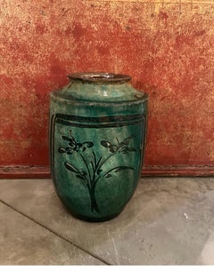 19th Century Green Glazed Food Jar with Hand Painted Floral Images