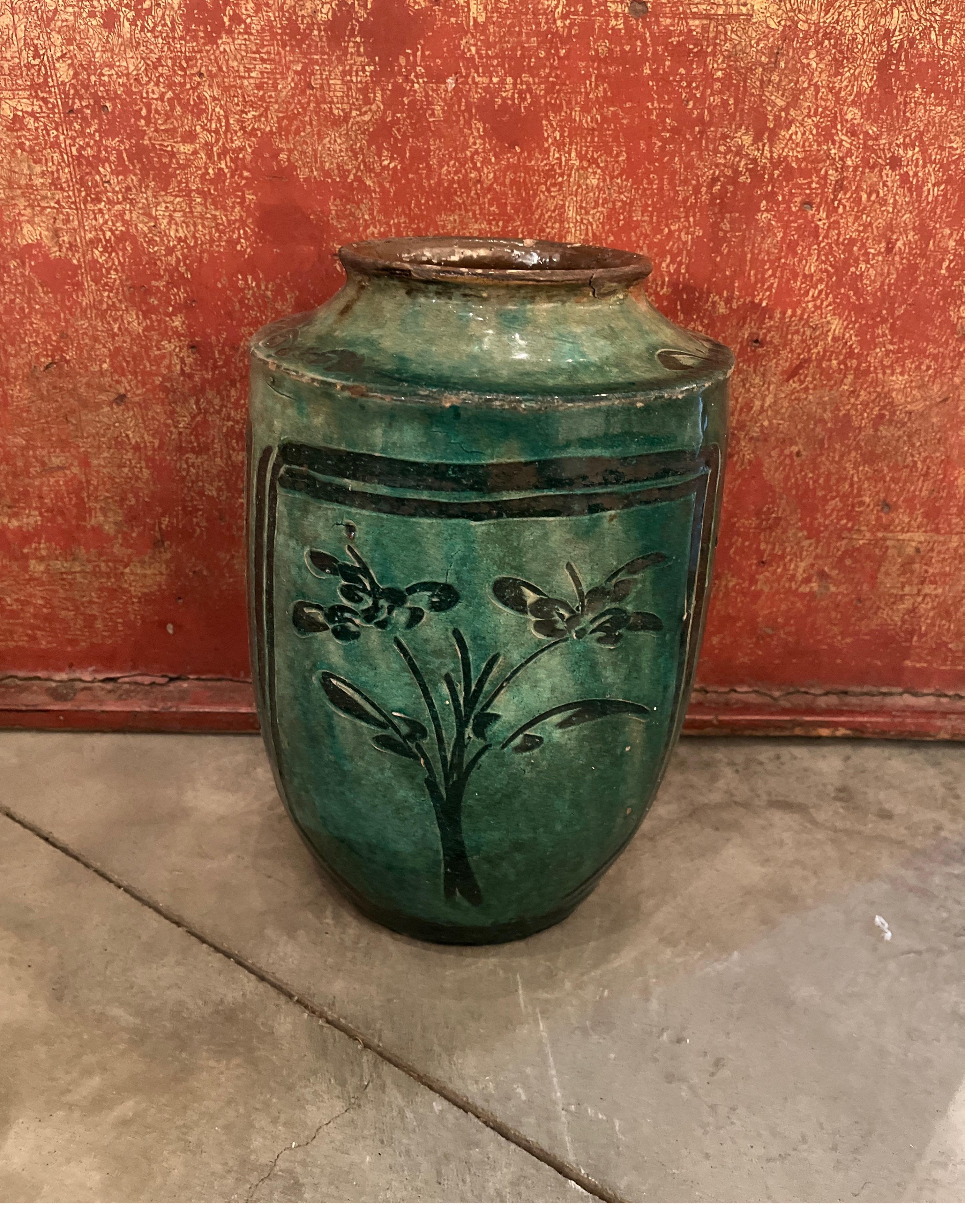 Chinese 19th Century Green Glazed Food Jar with Hand Painted Floral Images For Sale
