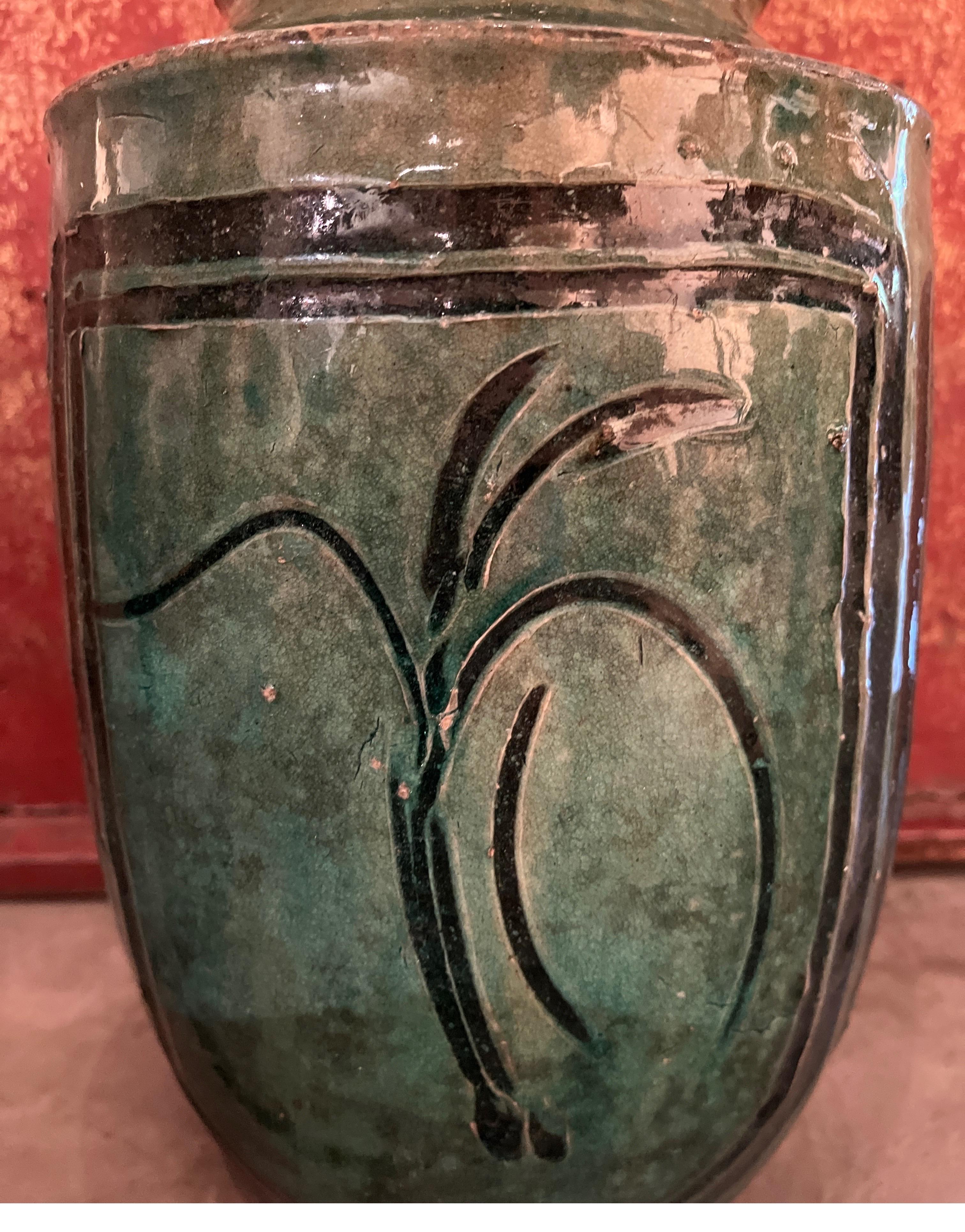 19th Century Green Glazed Food Jar with Hand Painted Floral Images For Sale 2