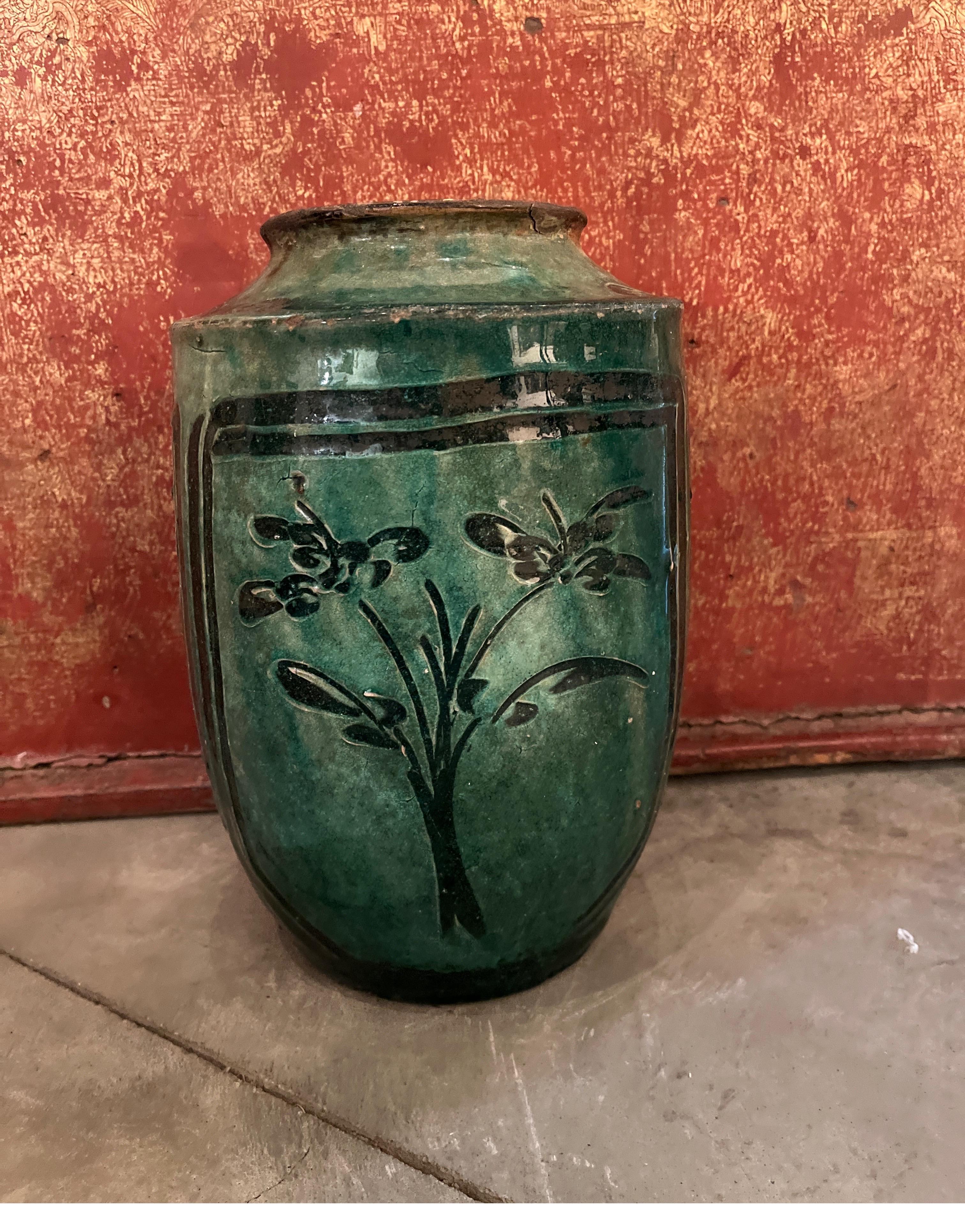 19th Century Green Glazed Food Jar with Hand Painted Floral Images For Sale 3
