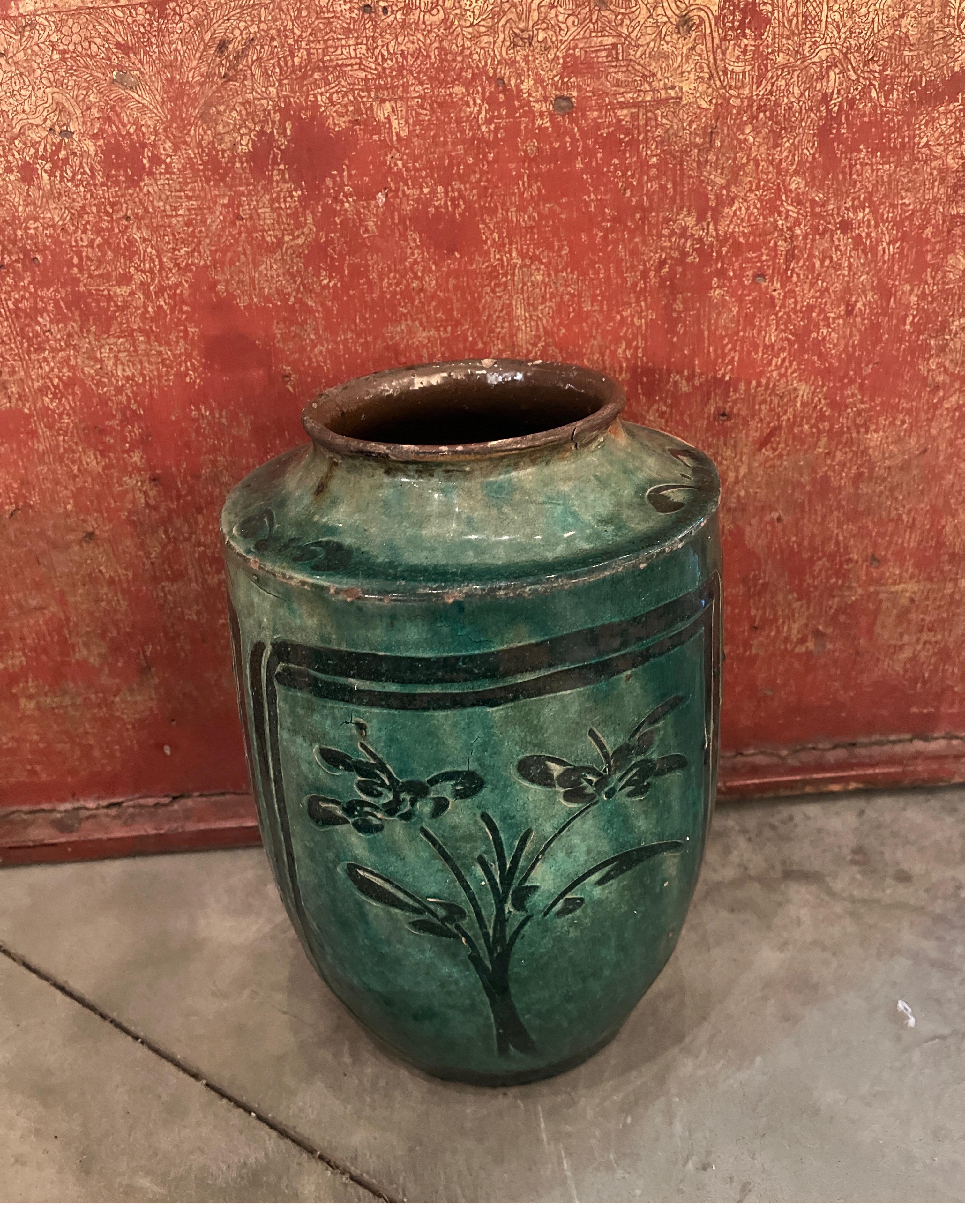 19th Century Green Glazed Food Jar with Hand Painted Floral Images For Sale 4