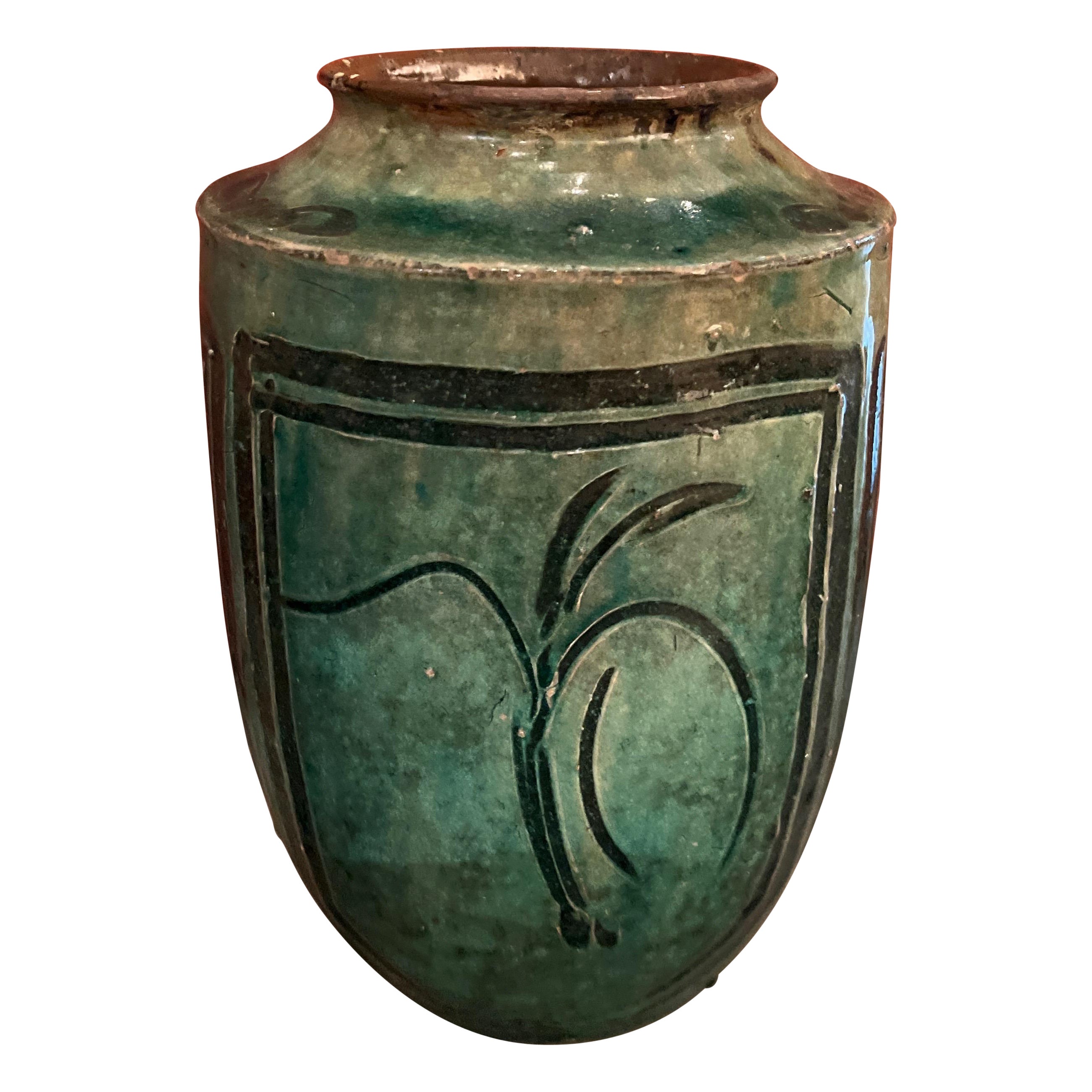 19th Century Green Glazed Food Jar with Hand Painted Floral Images For Sale