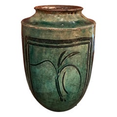 19th Century Green Glazed Food Jar with Hand Painted Floral Images