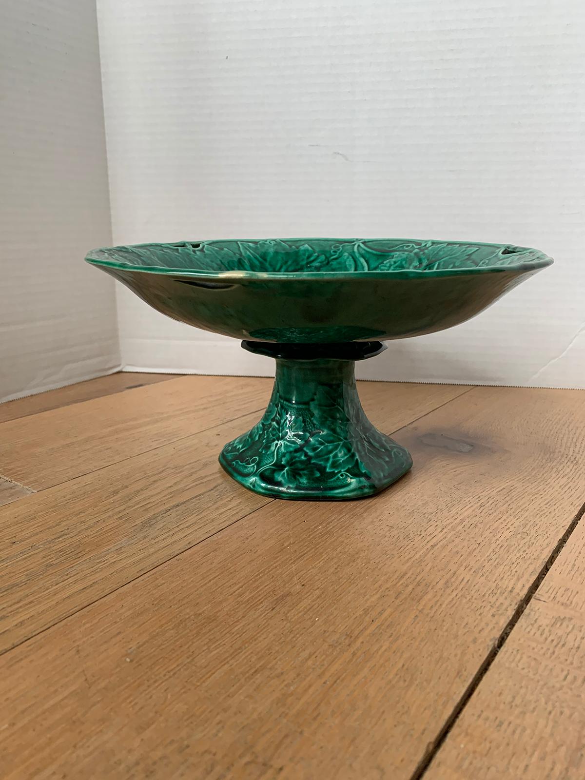 19th century green glazed Majolica pottery compote, unmarked, English or French.