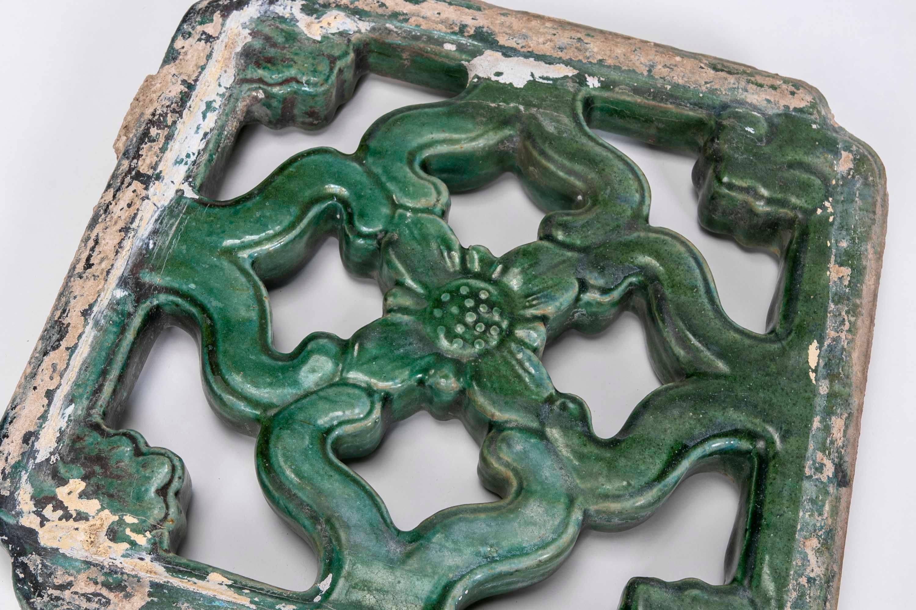 Chinese 19th Century Green Glazed Oriental Tile For Sale