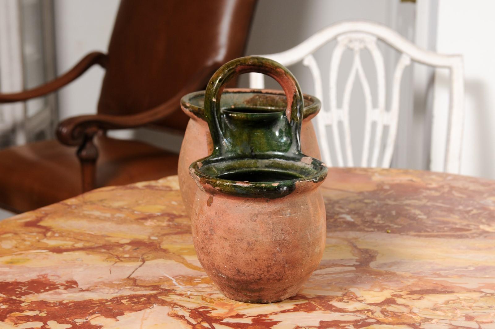 19th Century Green Glazed Shepherd's Lunch Holder Pottery with Bowls and Handle For Sale 5