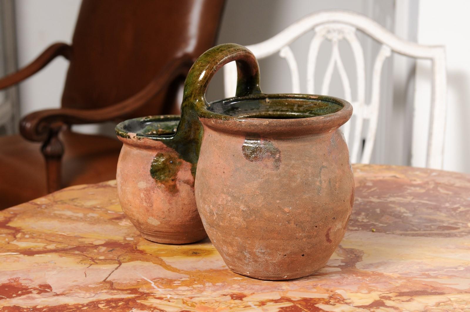 19th Century Green Glazed Shepherd's Lunch Holder Pottery with Bowls and Handle For Sale 2