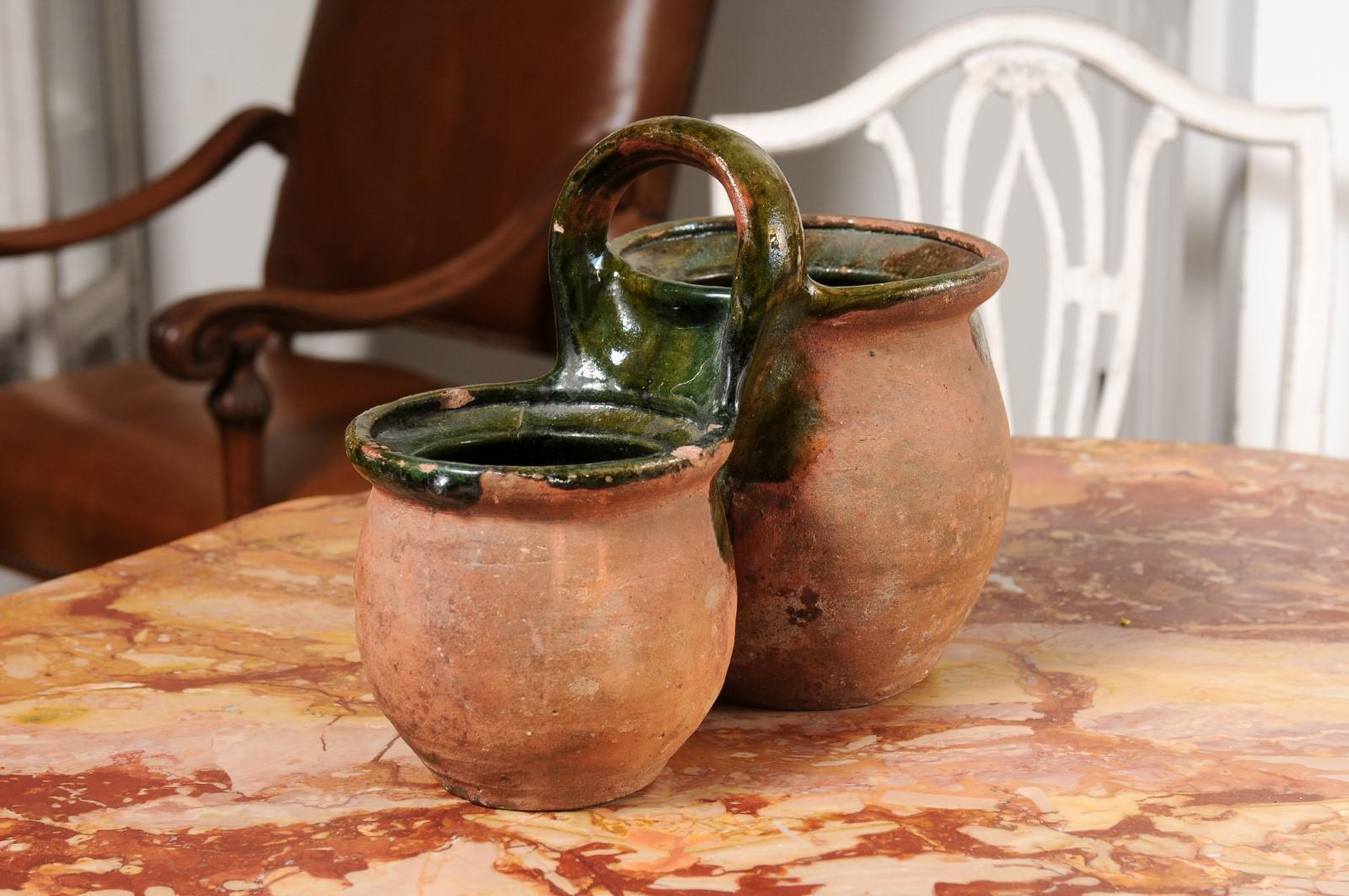 19th Century Green Glazed Shepherd's Lunch Holder Pottery with Bowls and Handle For Sale 4