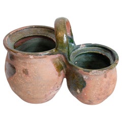 19th Century Green Glazed Shepherd's Lunch Holder Pottery with Bowls and Handle