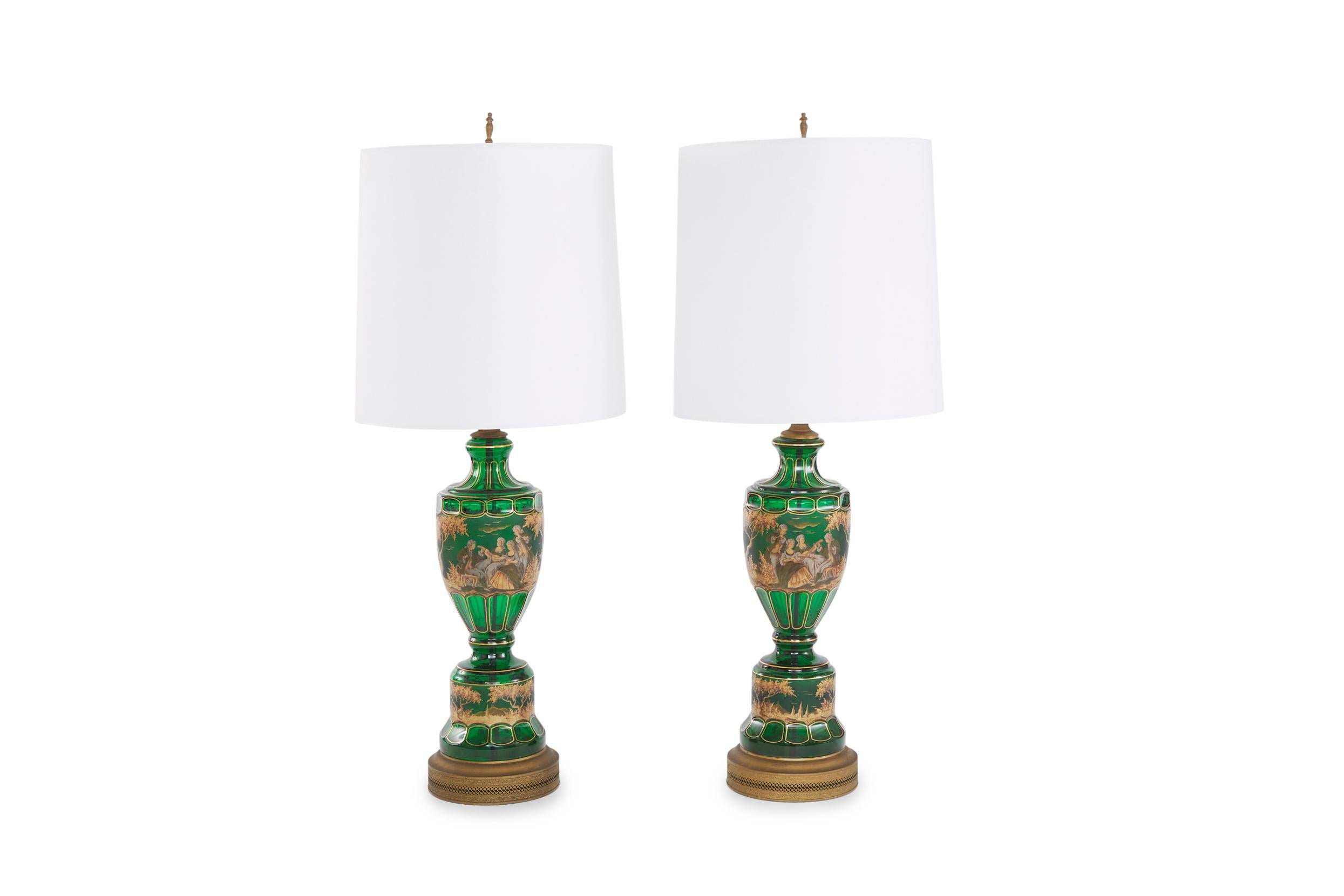 19th Century Green / Gold Moser Glass Pair Lamp For Sale 5