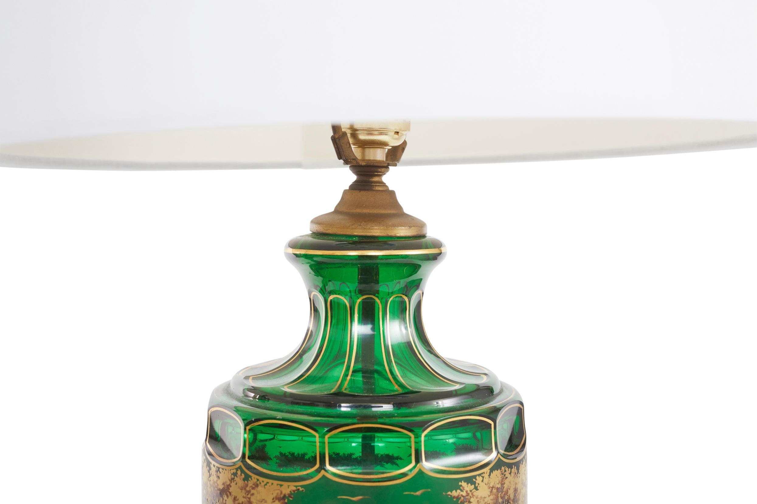 19th Century Green / Gold Moser Glass Pair Lamp In Good Condition For Sale In Tarry Town, NY