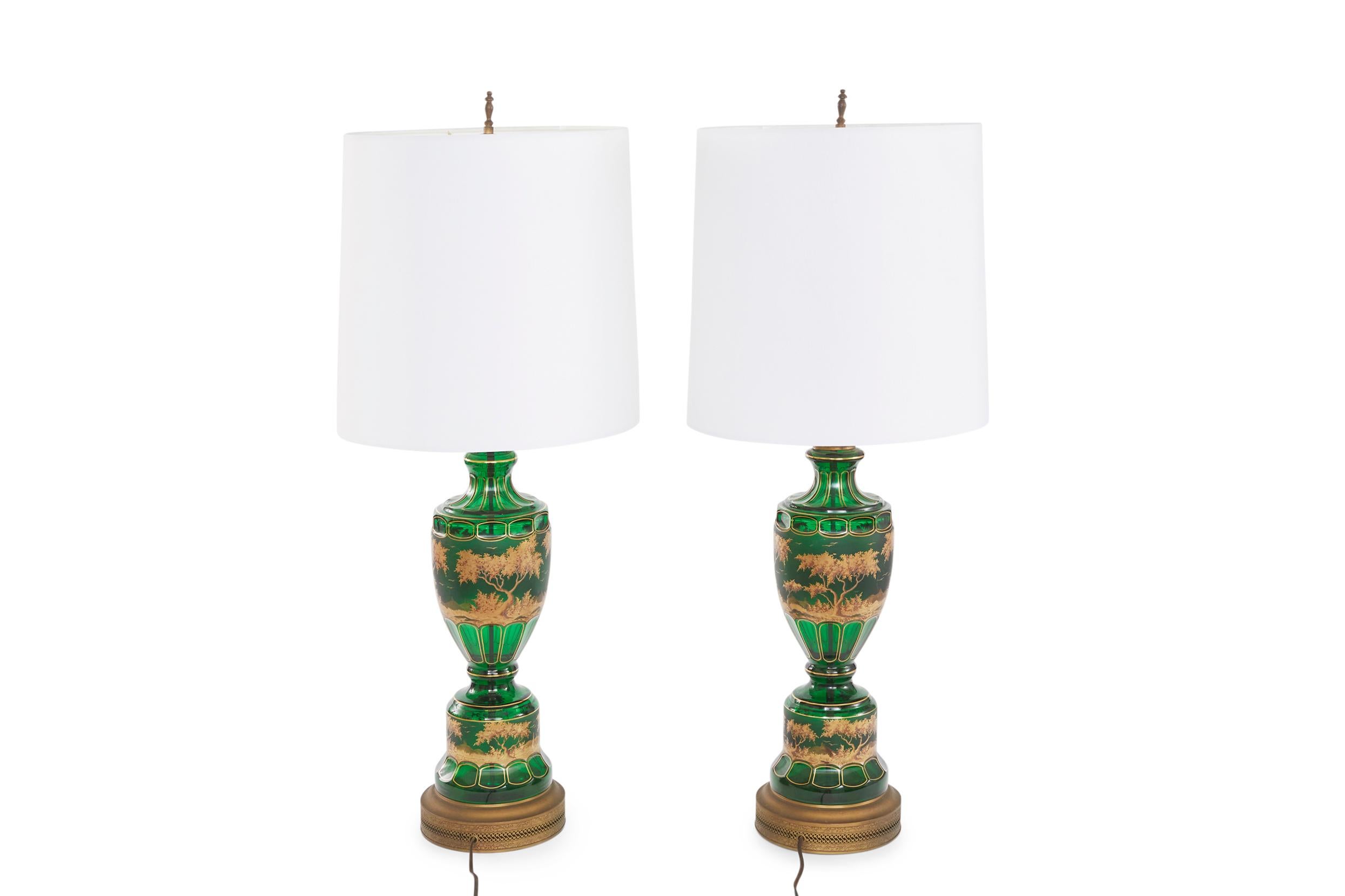 19th Century Green / Gold Moser Glass Pair Lamp For Sale 4