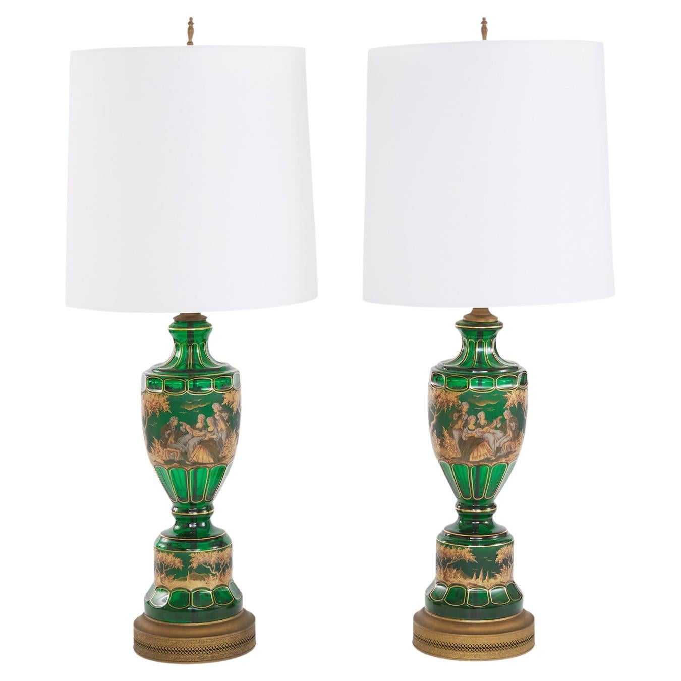 19th Century Green / Gold Moser Glass Pair Lamp