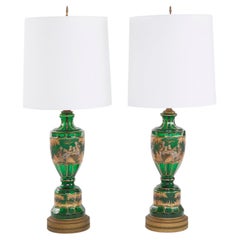 Antique 19th Century Green / Gold Moser Glass Pair Lamp