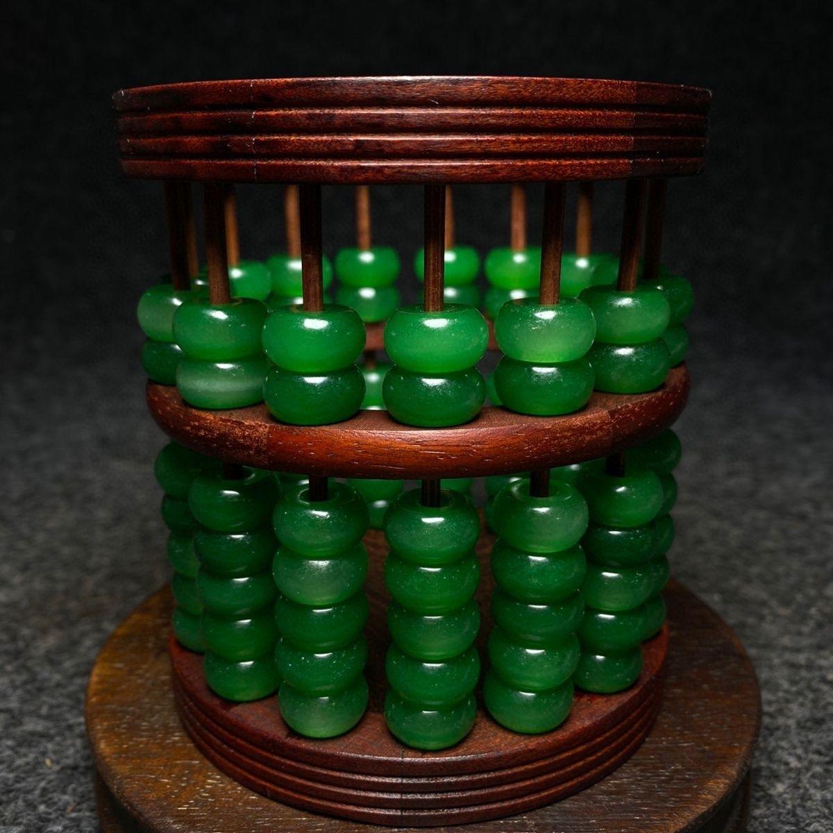 19th Century Green Jade Beads Wood Carving Pen Box For Sale 1