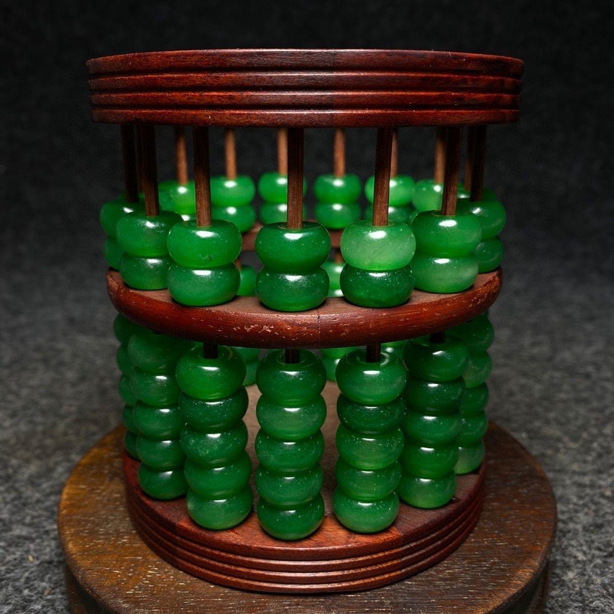 19th Century Green Jade Beads Wood Carving Pen Box For Sale 2