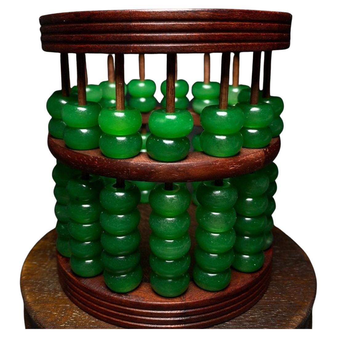 19th Century Green Jade Beads Wood Carving Pen Box For Sale
