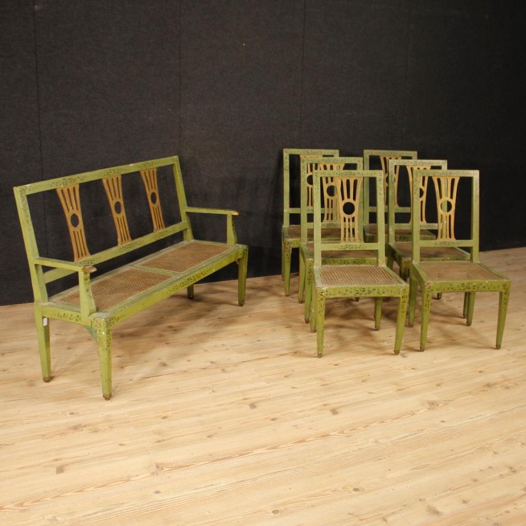 19th Century Green Lacquered Painted Giltwood Italian 6 Chairs, 1880 In Fair Condition In Vicoforte, Piedmont
