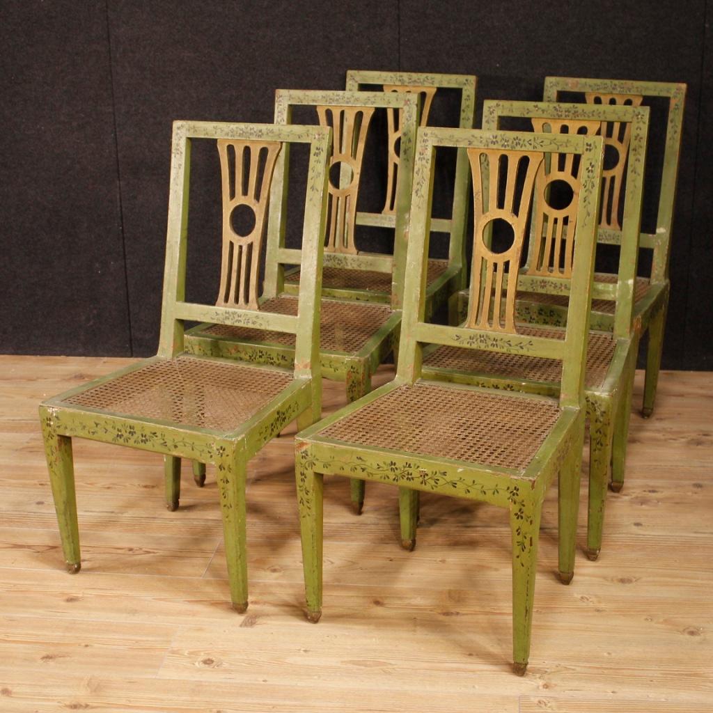 Cane 19th Century Green Lacquered Painted Giltwood Italian 6 Chairs, 1880