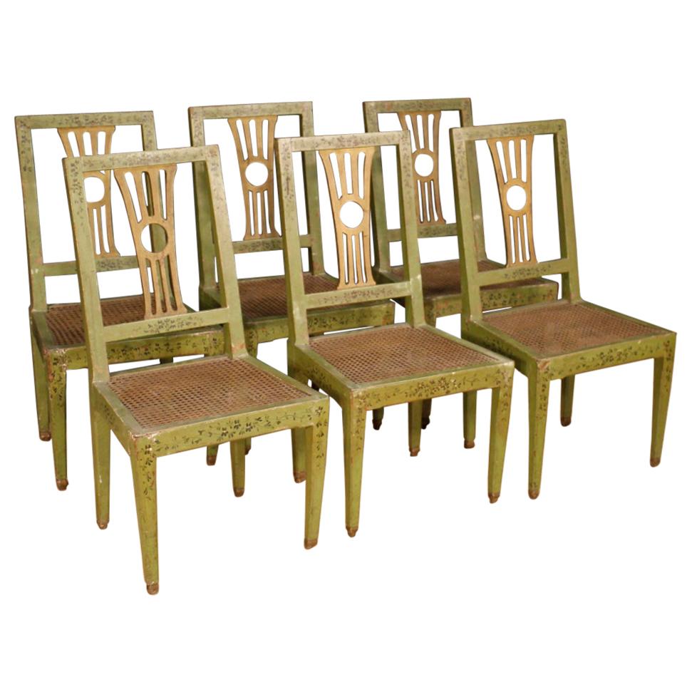 19th Century Green Lacquered Painted Giltwood Italian 6 Chairs, 1880