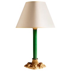 19th Century Green Leather and Ormolu Column Table Lamp