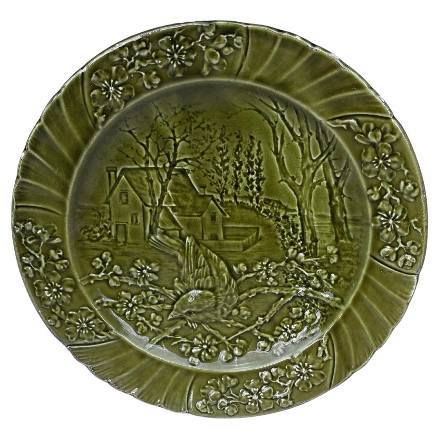 19th Century Green Majolica Bird Plate Sarreguemines For Sale