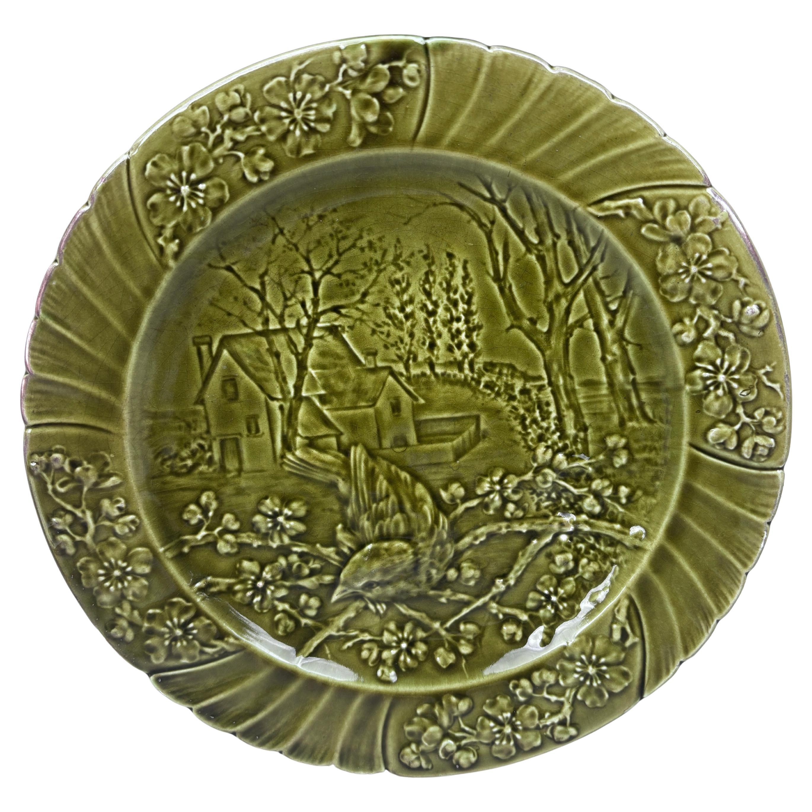 19th Century Green Majolica Bird Plate Sarreguemines For Sale