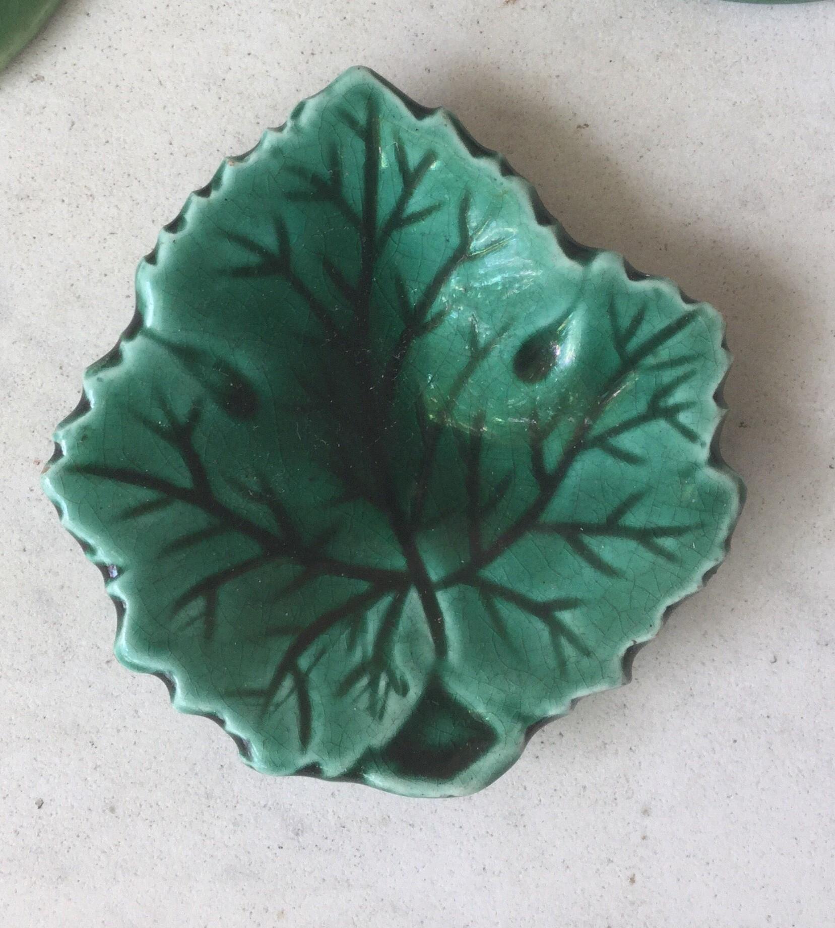 European 19th Century Green Majolica Leaf Butter Pat