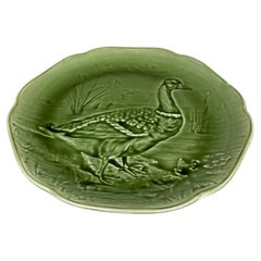 19th Century Green Majolica Mallard Duck Plate Choisy Le Roi