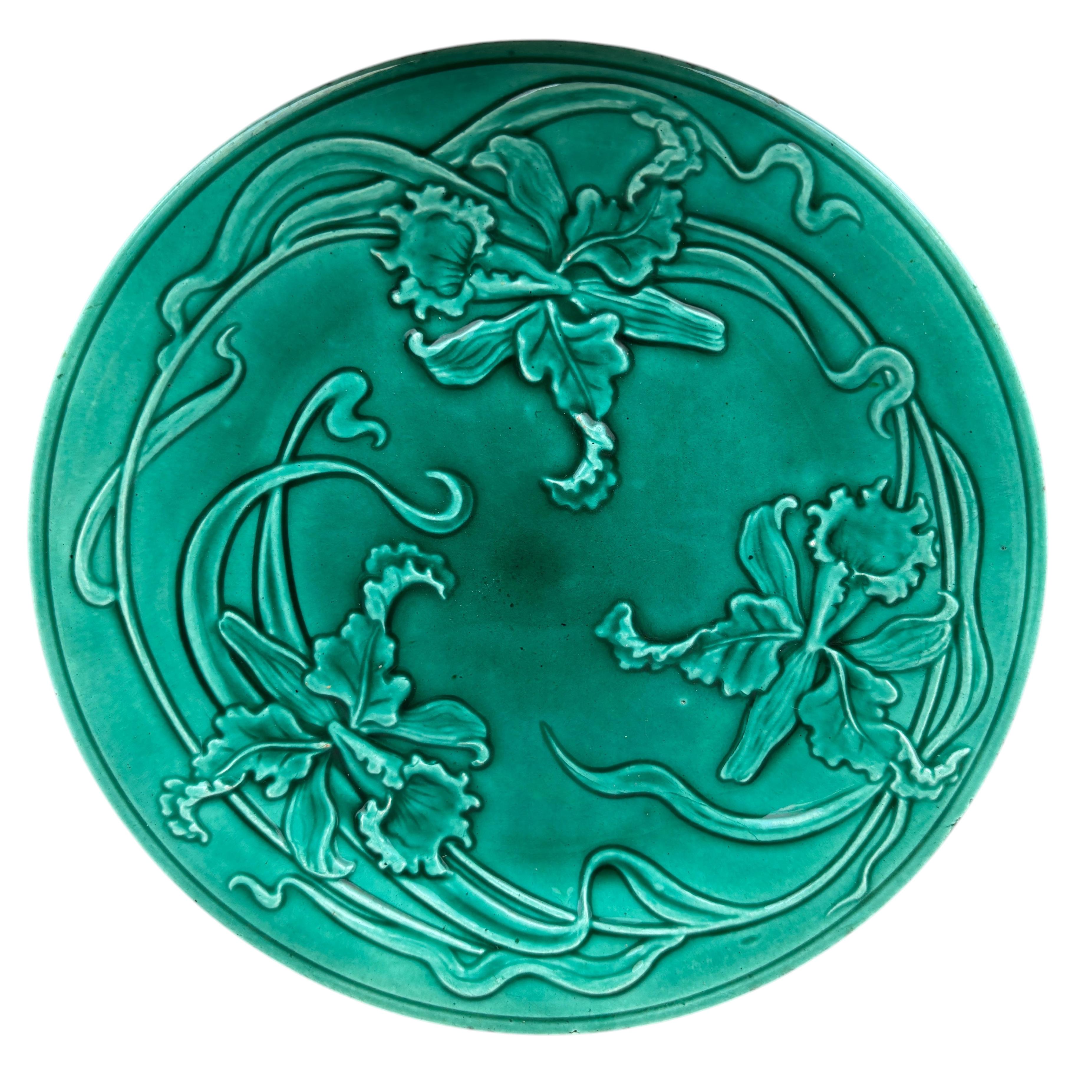 19th Century Green Majolica Orchid plate Saint Clement For Sale