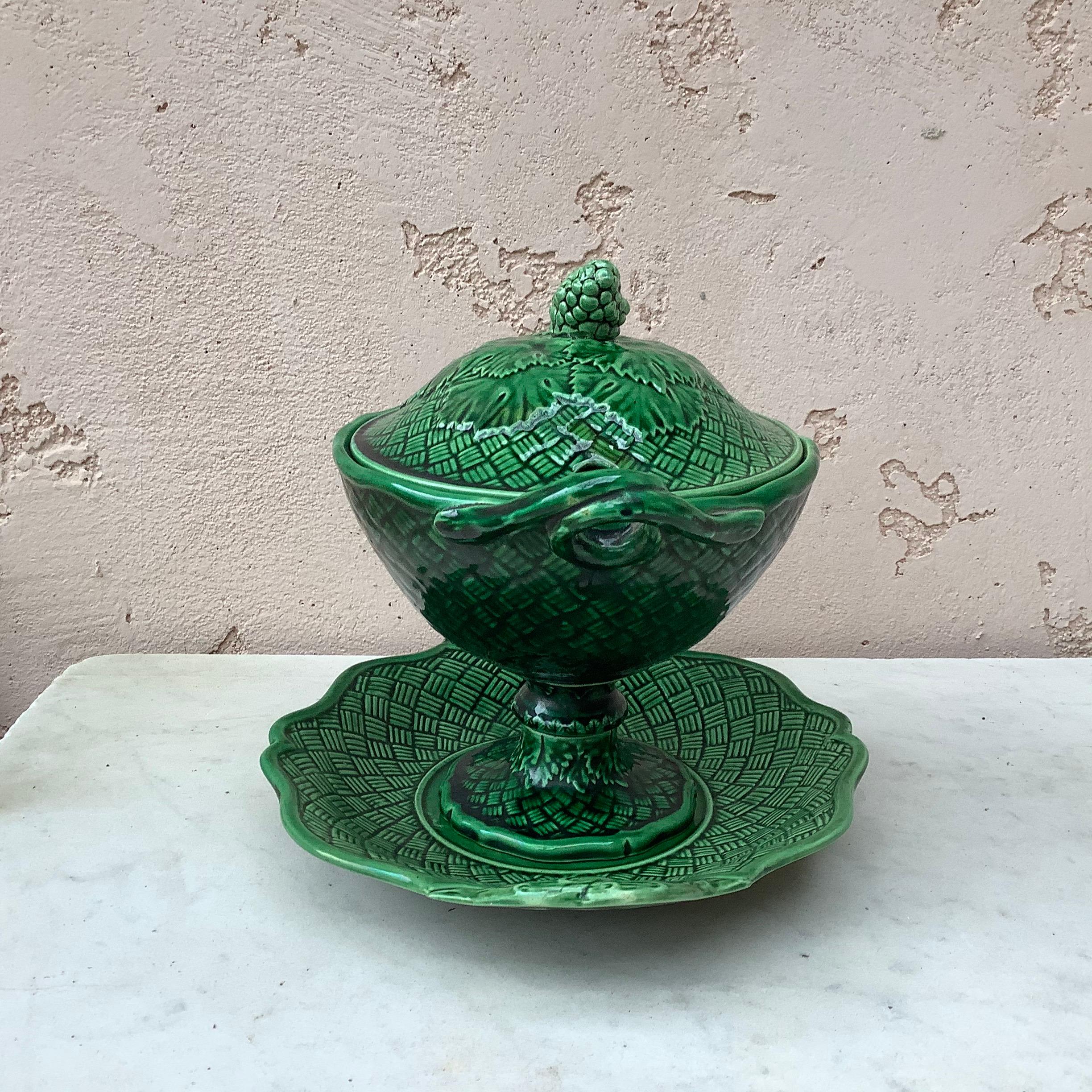 Victorian 19th Century Green Majolica Tureen with Stand Bordeaux