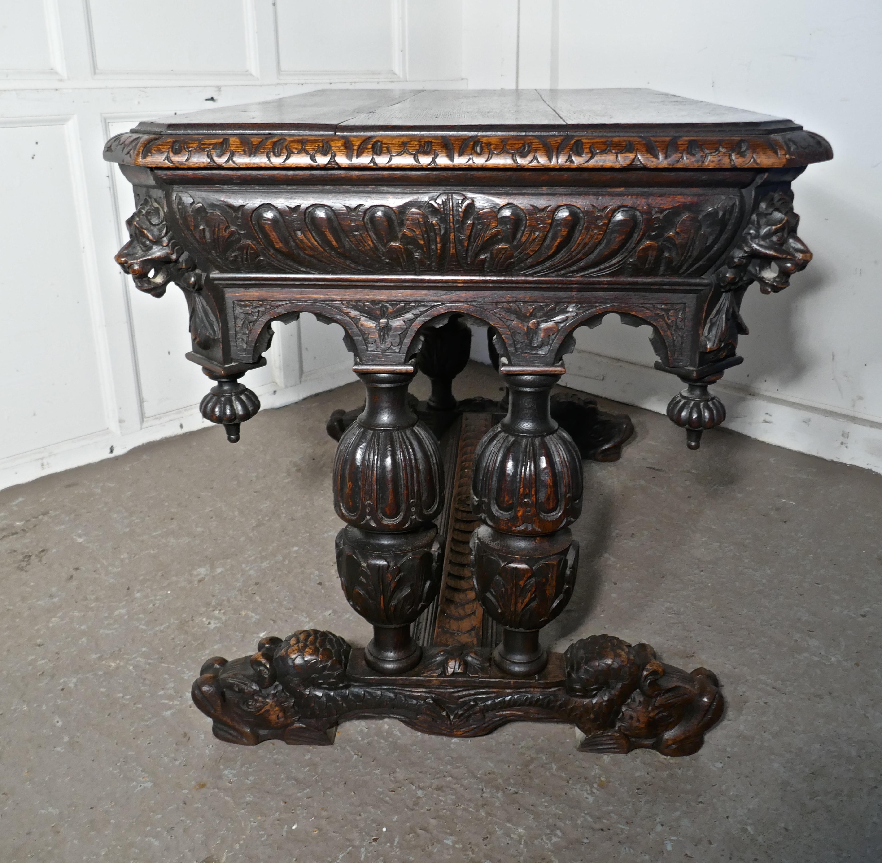 Gothic 19th Century Green Man Carved Oak Hall or Centre Table For Sale