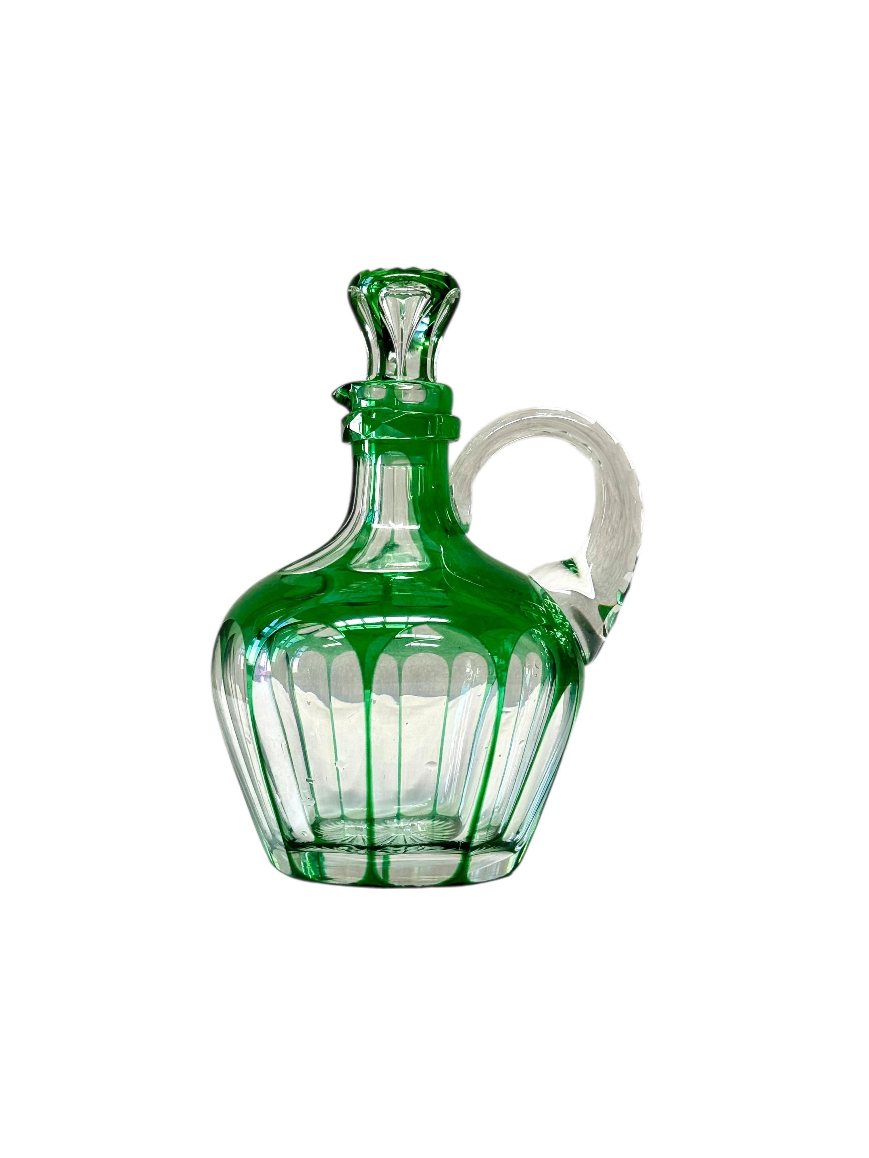 19th Century Green Overlay Crystal Decanter with Faceted Handle For Sale 6