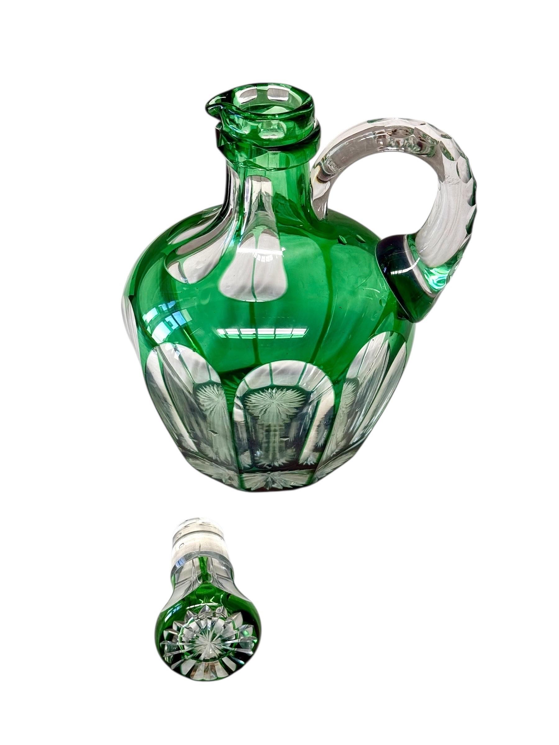 19th Century Green Overlay Crystal Decanter with Faceted Handle For Sale 9