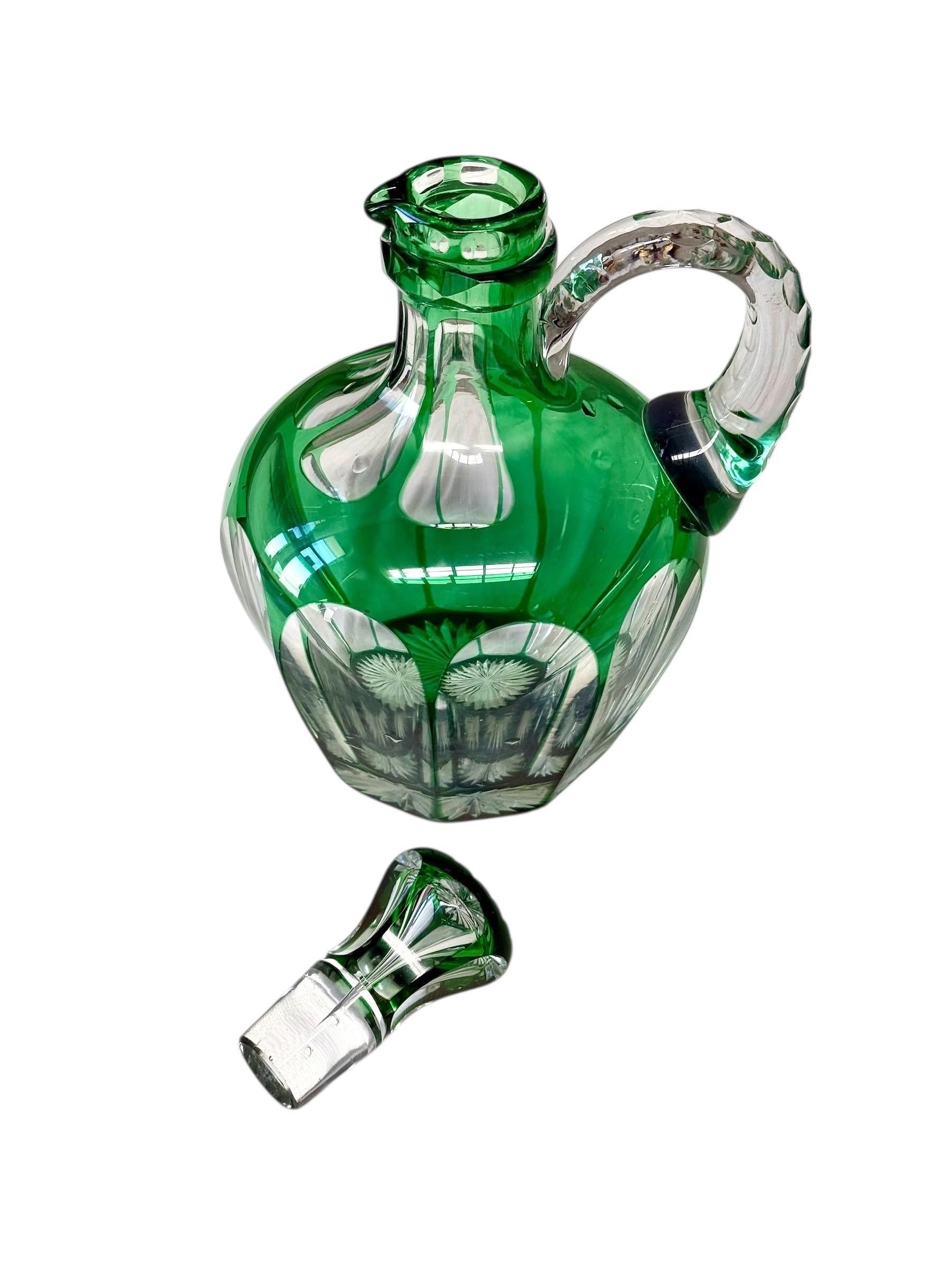 French 19th Century Green Overlay Crystal Decanter with Faceted Handle For Sale