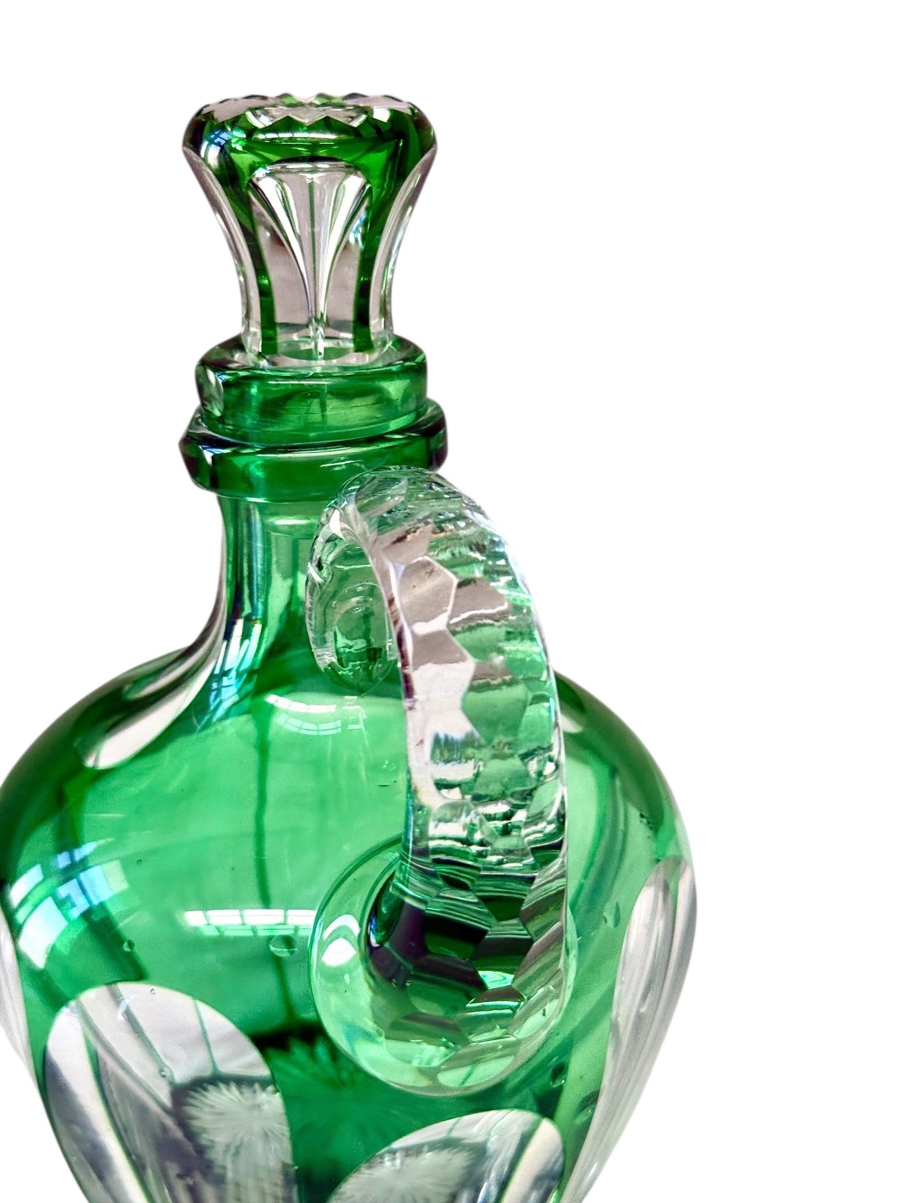 19th Century Green Overlay Crystal Decanter with Faceted Handle For Sale 1