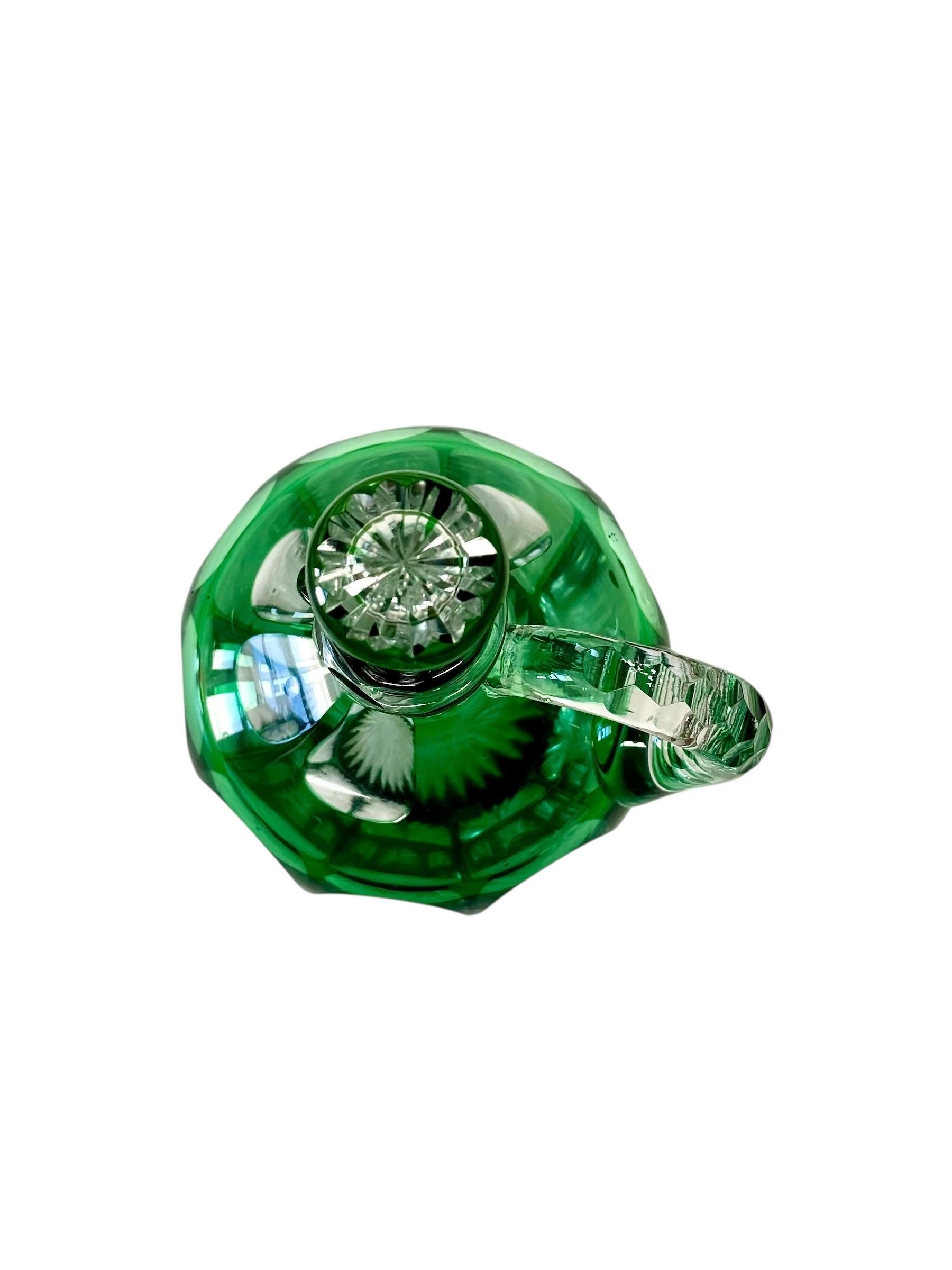 19th Century Green Overlay Crystal Decanter with Faceted Handle For Sale 2