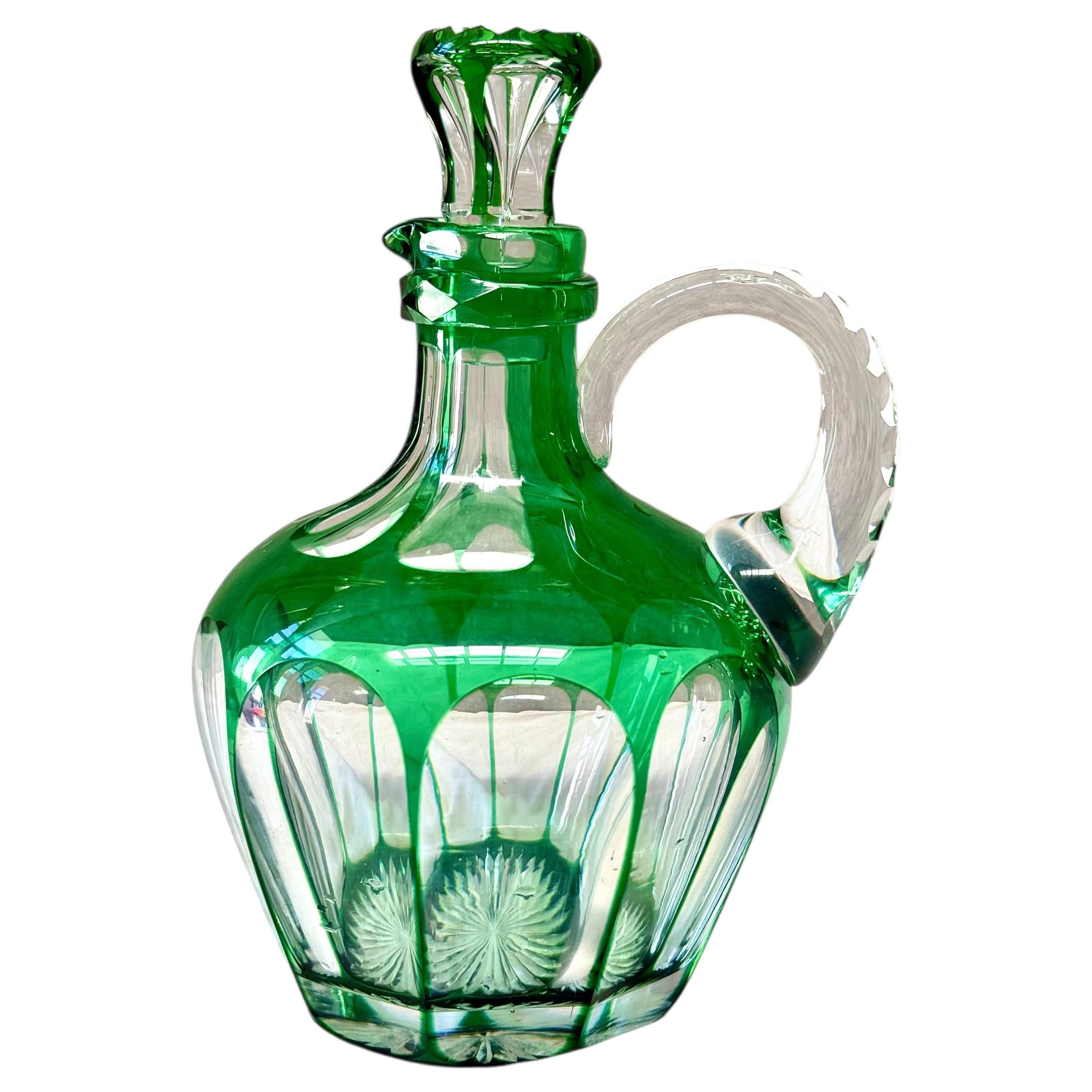 19th Century Green Overlay Crystal Decanter with Faceted Handle