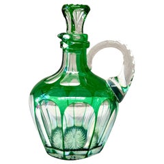 19th Century Green Overlay Crystal Decanter with Faceted Handle