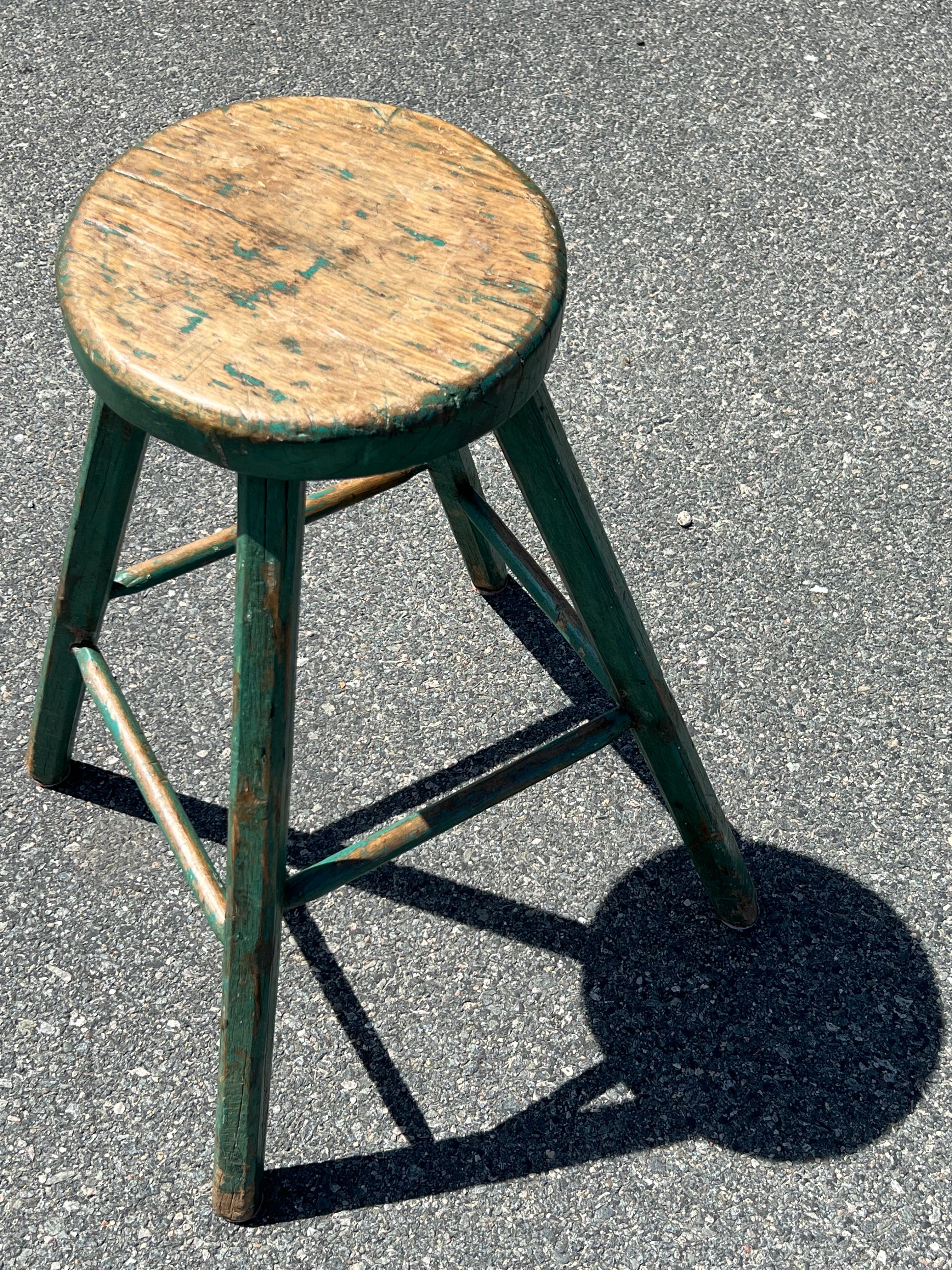 Hand-Crafted 19th Century Green Painted Stool with Splayed Legs For Sale