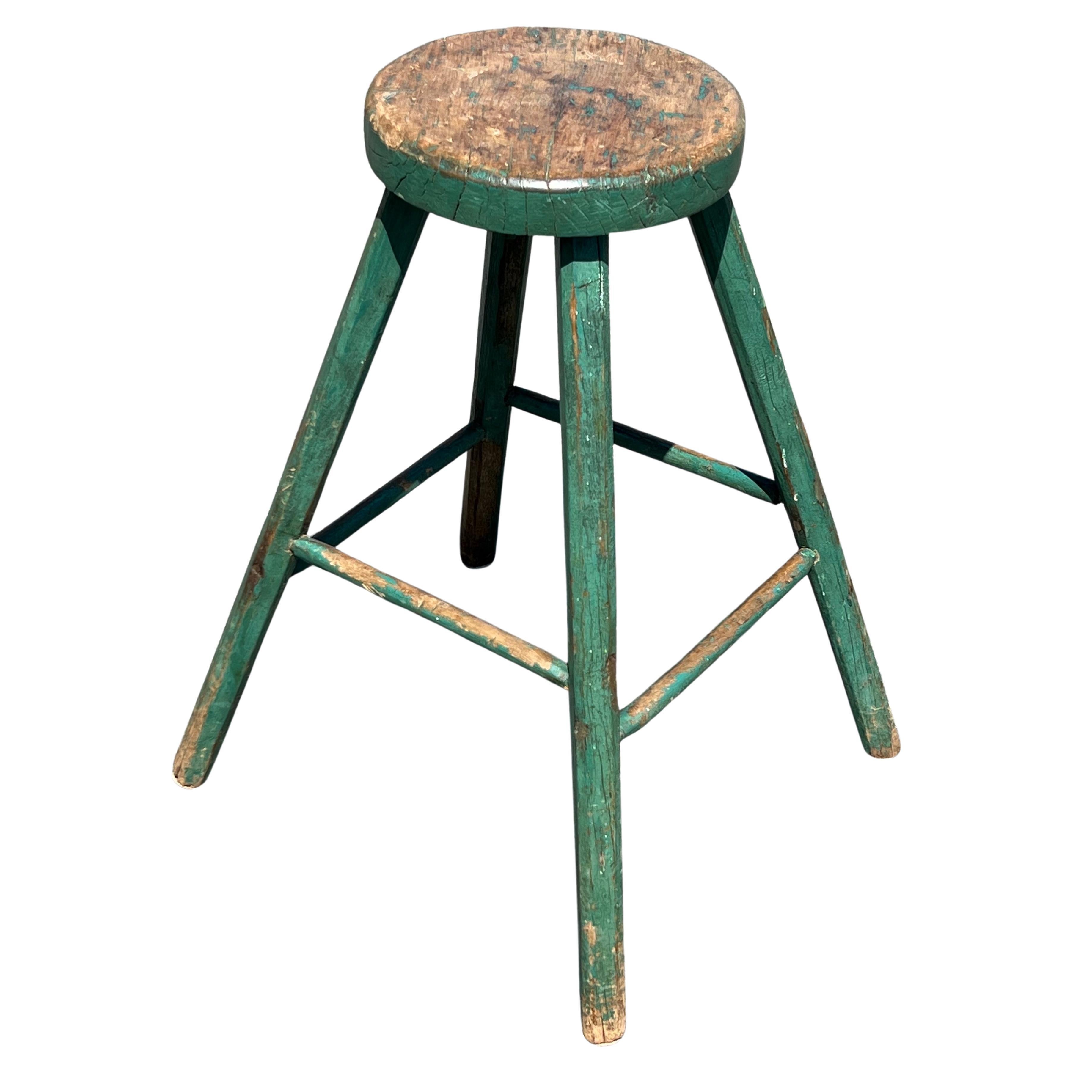 19th Century Green Painted Stool with Splayed Legs