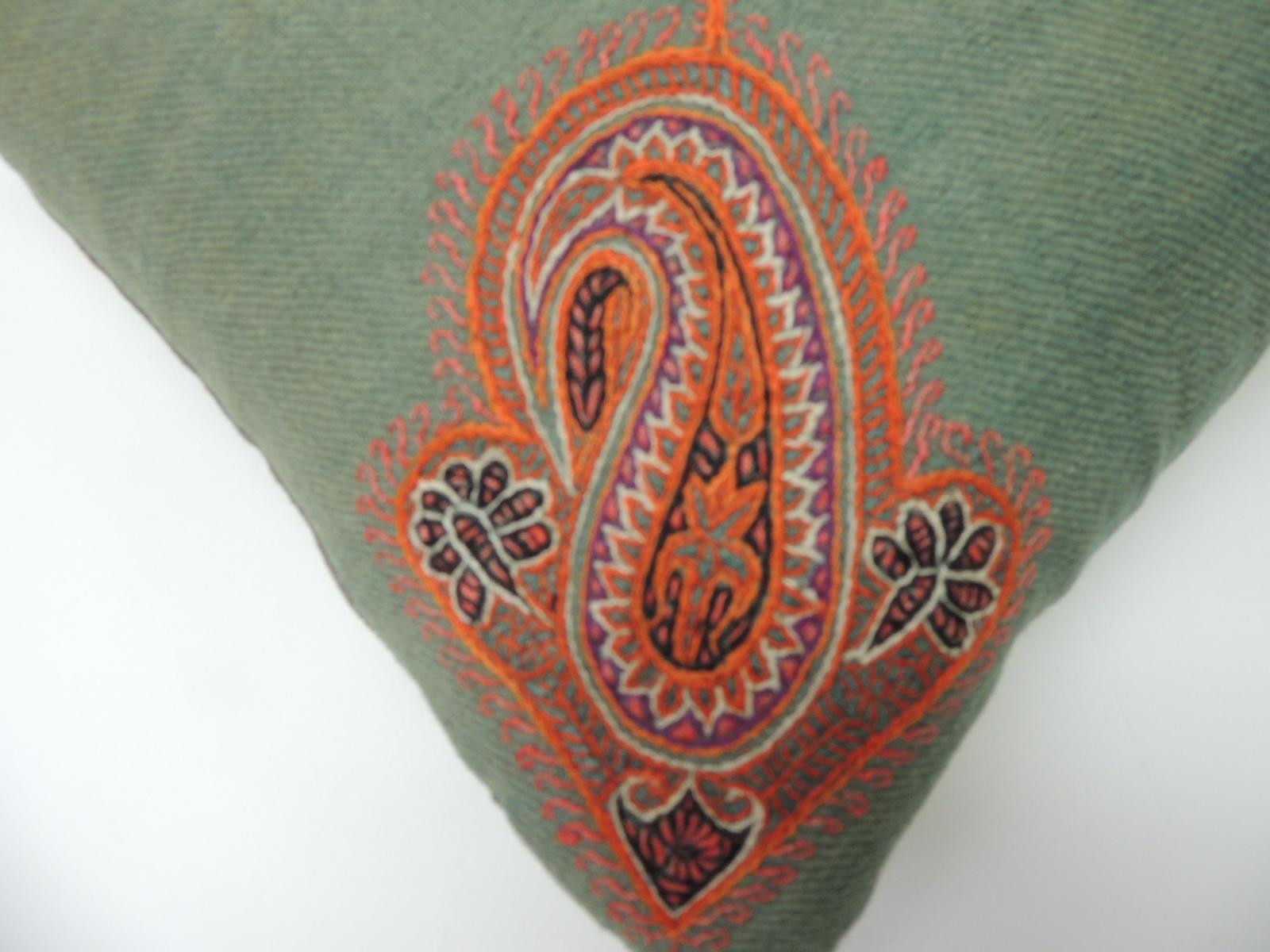 Turkish 19th Century Green Paisley Embroidery Persian Long Bolster Pillow