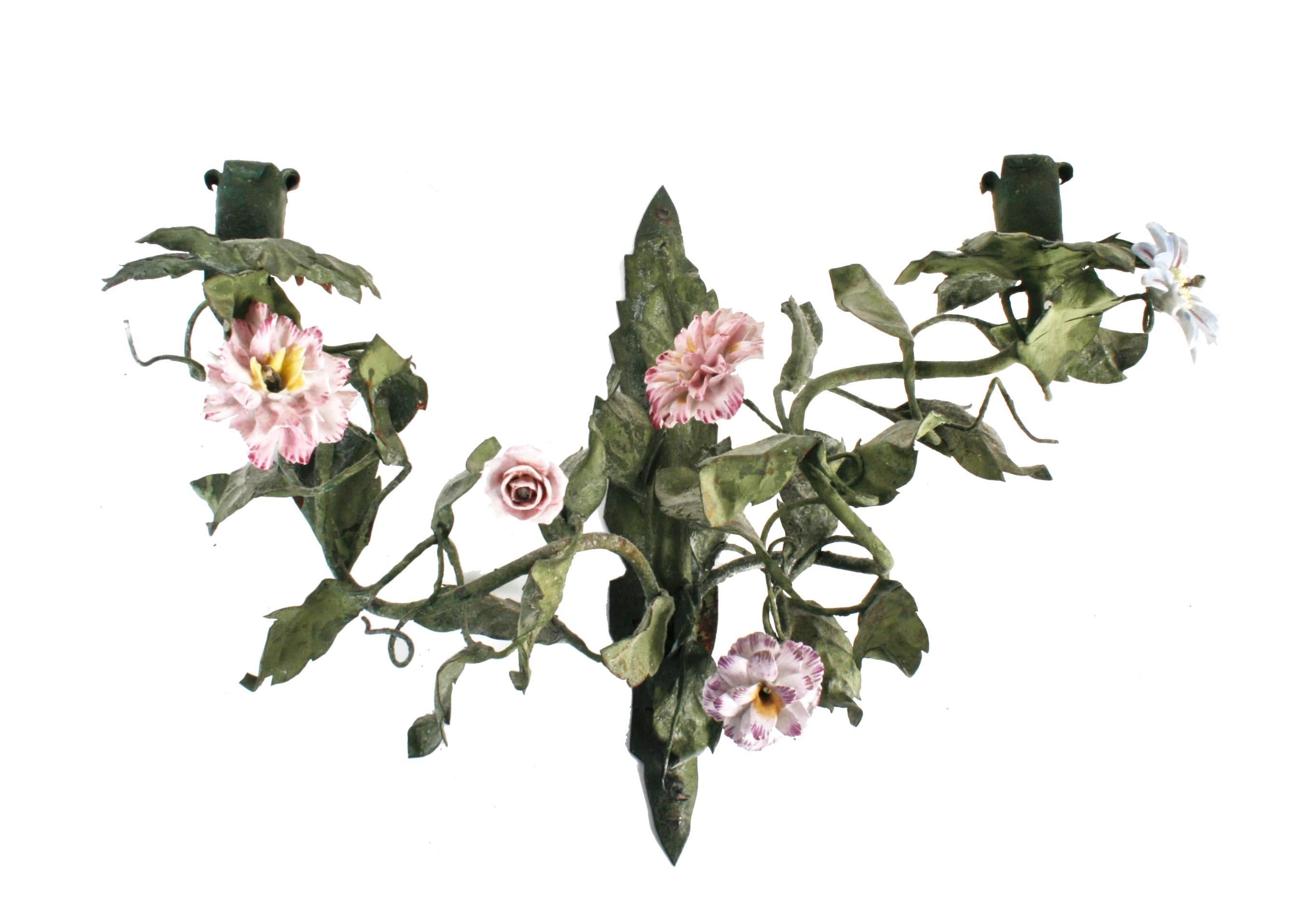 French 19th Century Green Tole Sconces with Hand-Painted Faience Flowers