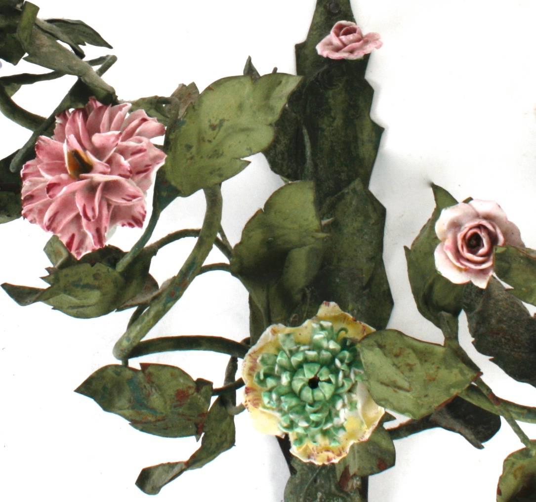 19th Century Green Tole Sconces with Hand-Painted Faience Flowers 2