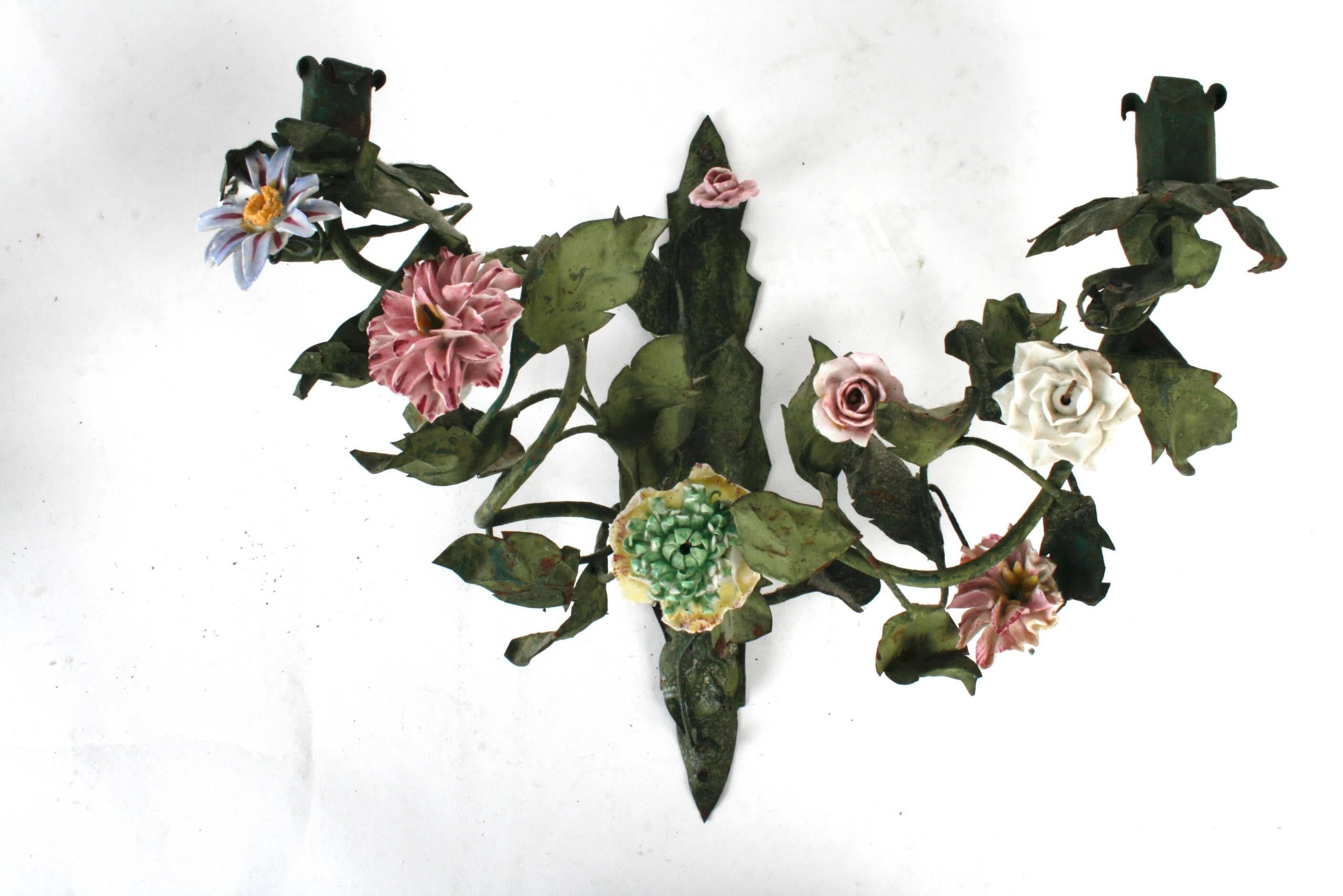19th Century Green Tole Sconces with Hand-Painted Faience Flowers 3